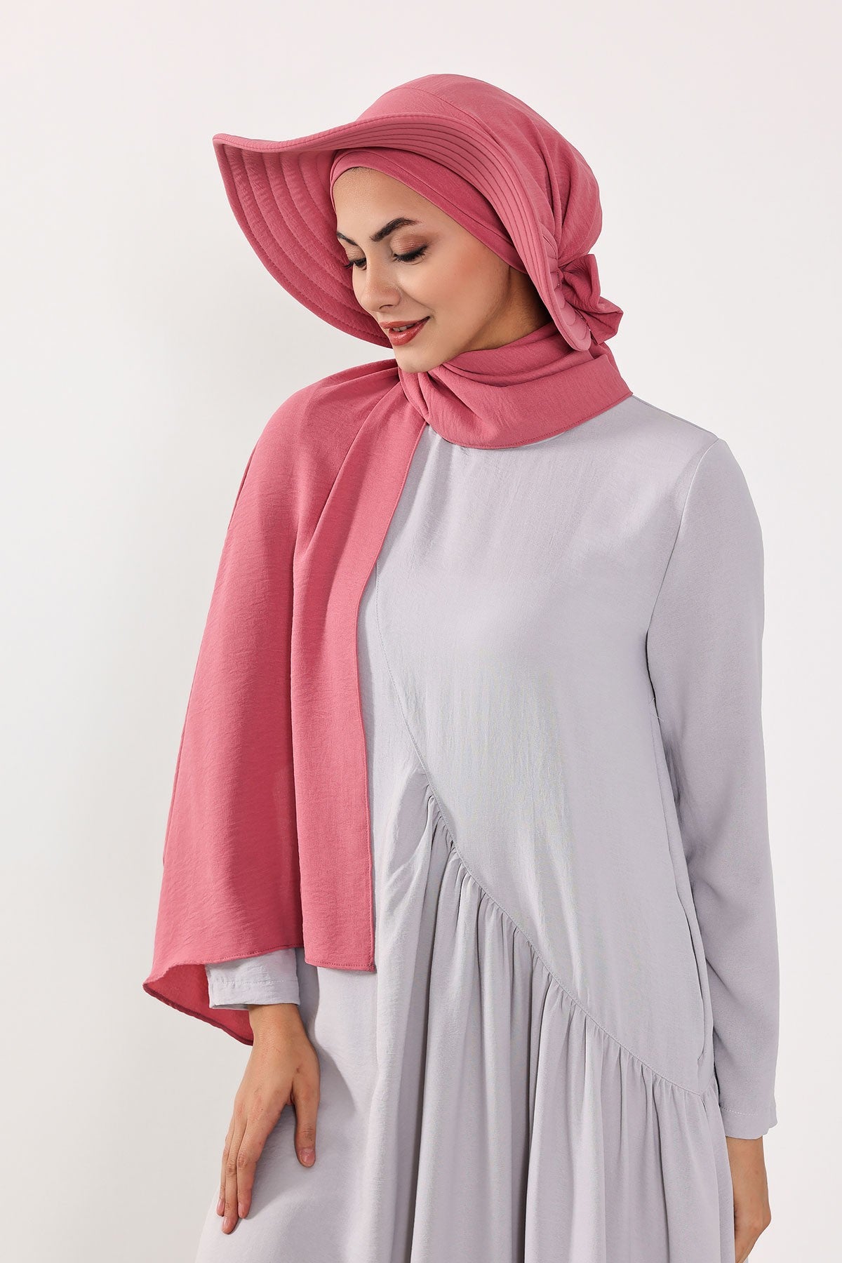 Instant Aerobin Shawl 2 in 1 Womens Wide Brim Summer Hat + Plain Scarf Foldable Roll up Beach Cap Removable Sun Hat Hijab Women Turban,SS-2A Dark Pink