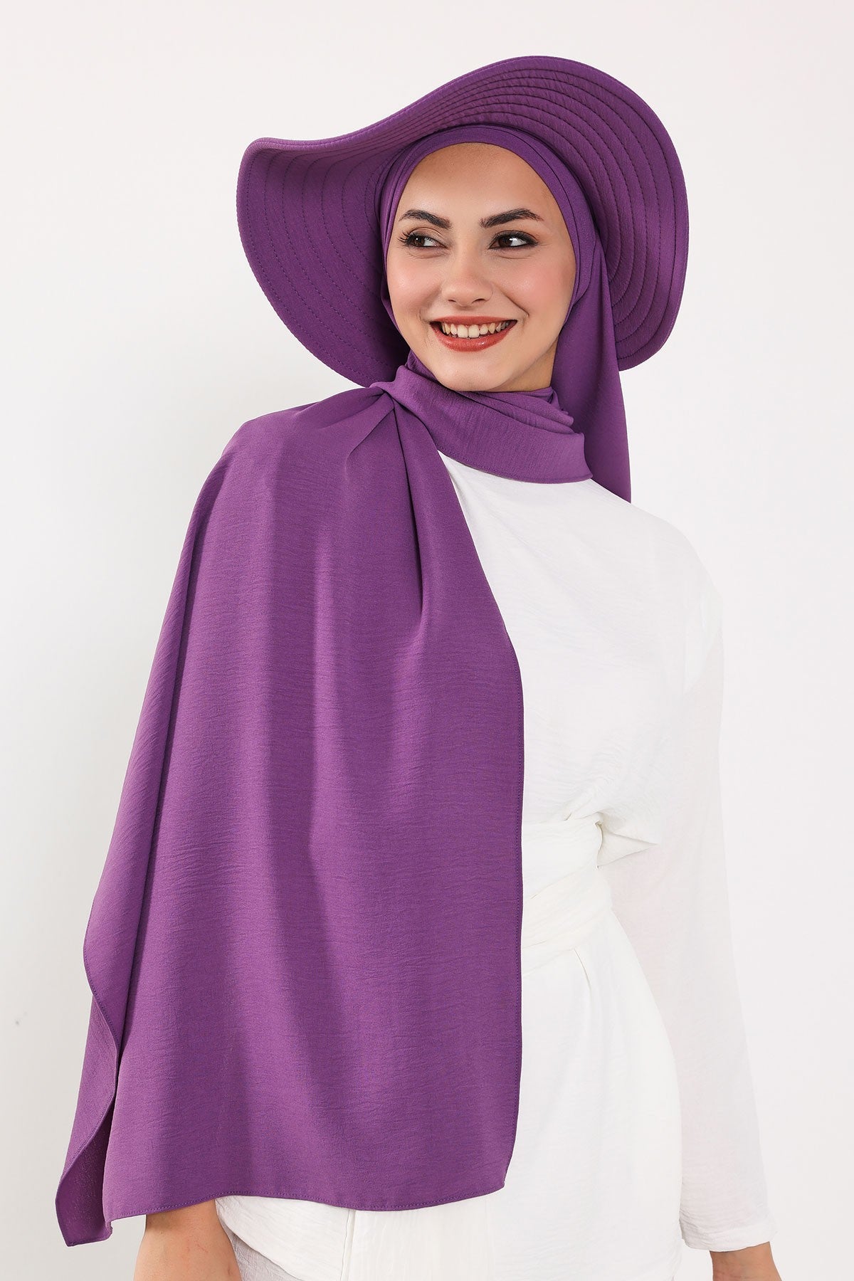 Instant Aerobin Shawl 2 in 1 Womens Wide Brim Summer Hat + Plain Scarf Foldable Roll up Beach Cap Removable Sun Hat Hijab Women Turban,SS-2A Purple 2