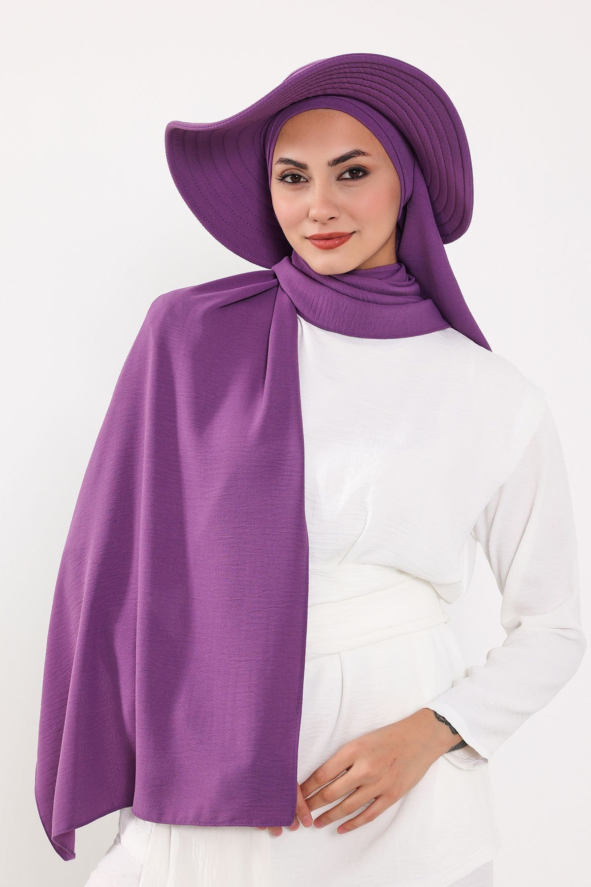 Instant Aerobin Shawl 2 in 1 Womens Wide Brim Summer Hat + Plain Scarf Foldable Roll up Beach Cap Removable Sun Hat Hijab Women Turban,SS-2A Purple 2
