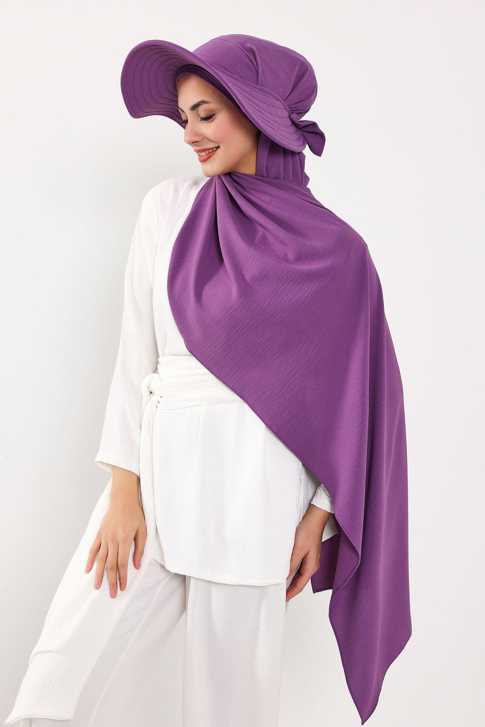 Instant Aerobin Shawl 2 in 1 Womens Wide Brim Summer Hat + Plain Scarf Foldable Roll up Beach Cap Removable Sun Hat Hijab Women Turban,SS-2A Purple 2