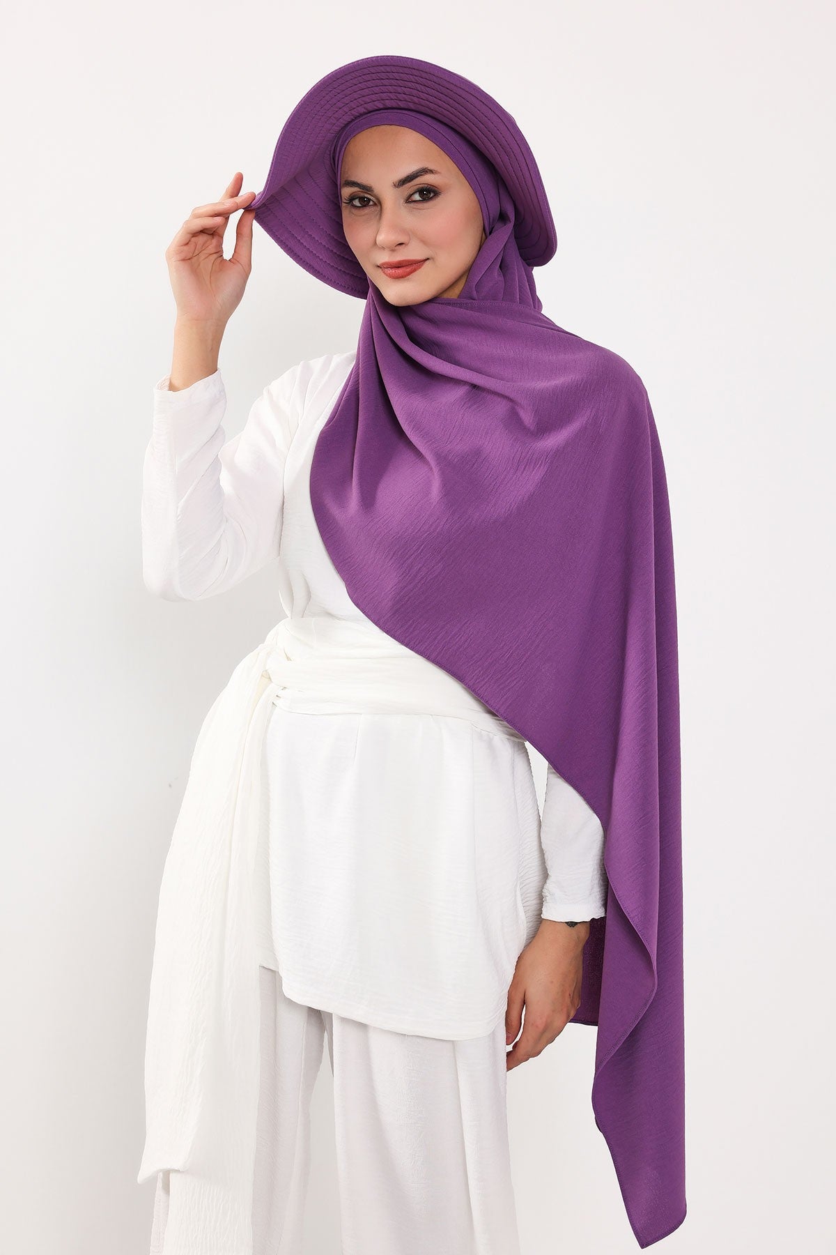 Instant Aerobin Shawl 2 in 1 Womens Wide Brim Summer Hat + Plain Scarf Foldable Roll up Beach Cap Removable Sun Hat Hijab Women Turban,SS-2A Purple 2