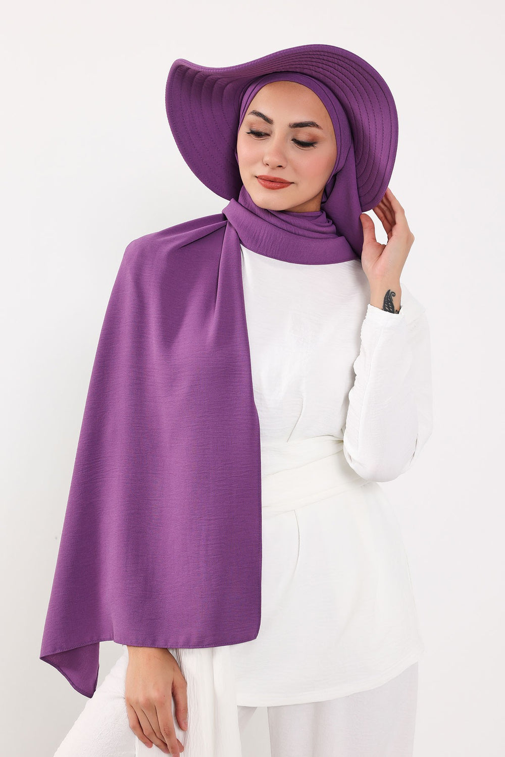 Instant Aerobin Shawl 2 in 1 Womens Wide Brim Summer Hat + Plain Scarf Foldable Roll up Beach Cap Removable Sun Hat Hijab Women Turban,SS-2A Purple 2