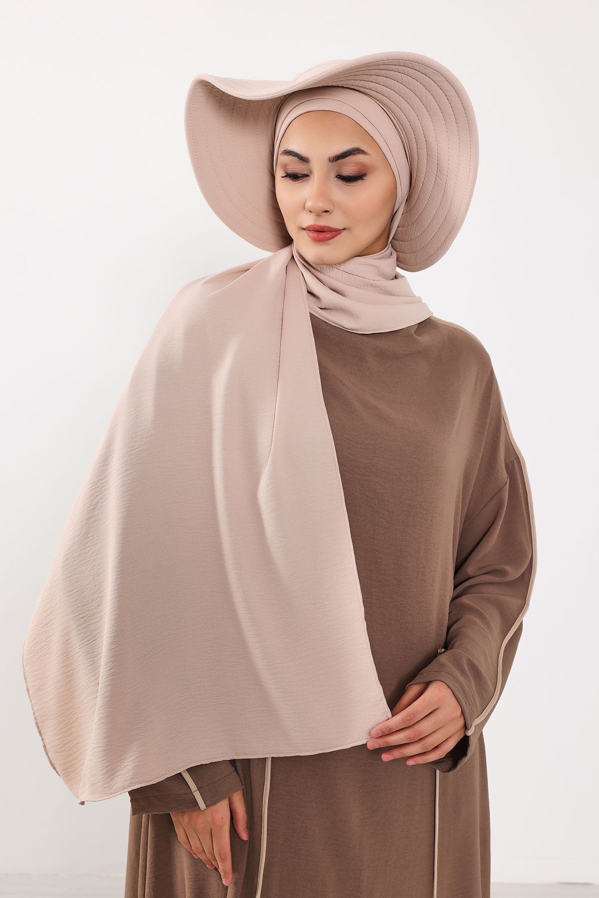 Instant Aerobin Shawl 2 in 1 Womens Wide Brim Summer Hat + Plain Scarf Foldable Roll up Beach Cap Removable Sun Hat Hijab Women Turban,SS-2A Stone