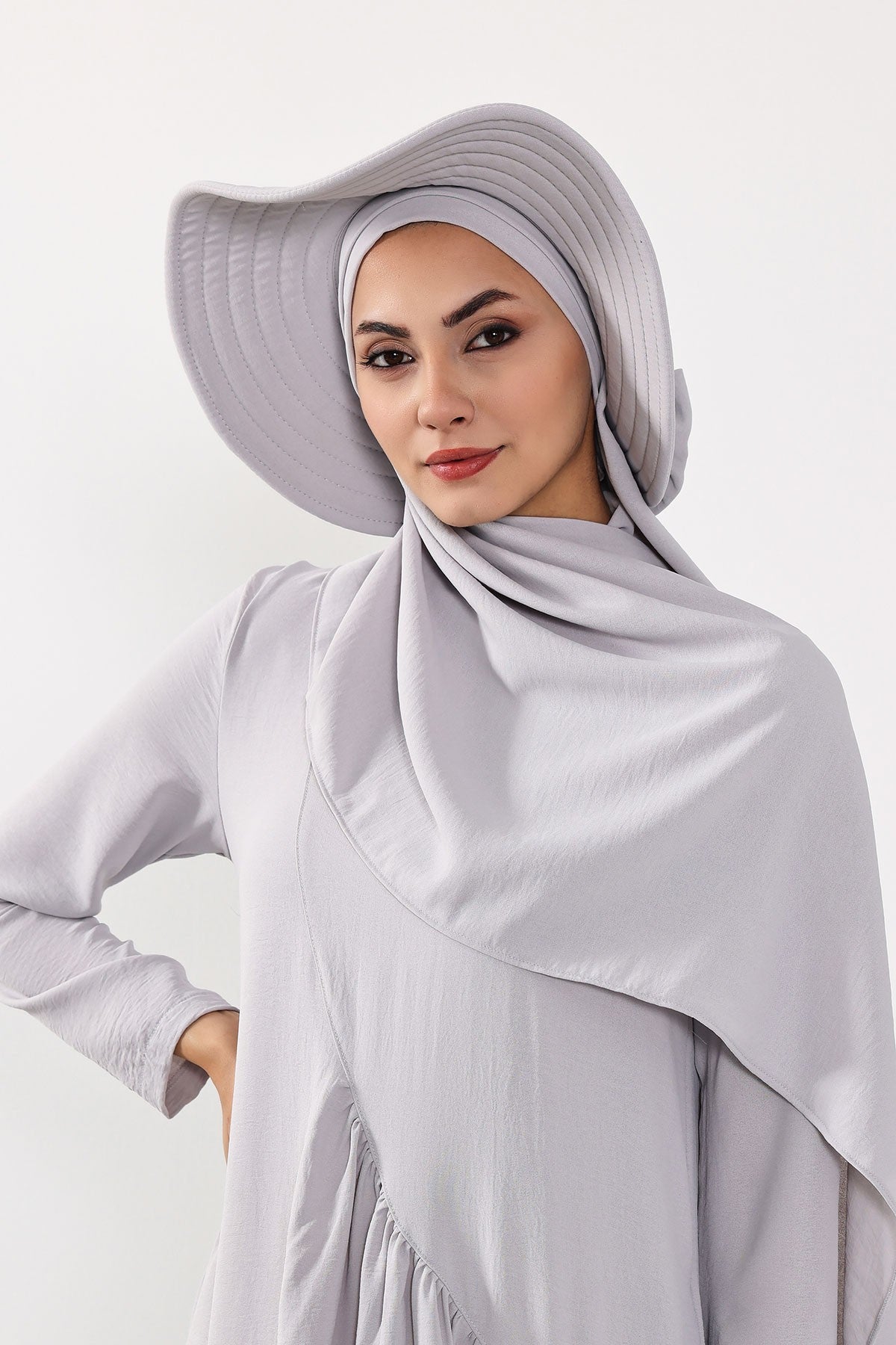 Instant Aerobin Shawl 2 in 1 Womens Wide Brim Summer Hat + Plain Scarf Foldable Roll up Beach Cap Removable Sun Hat Hijab Women Turban,SS-2A Light Grey