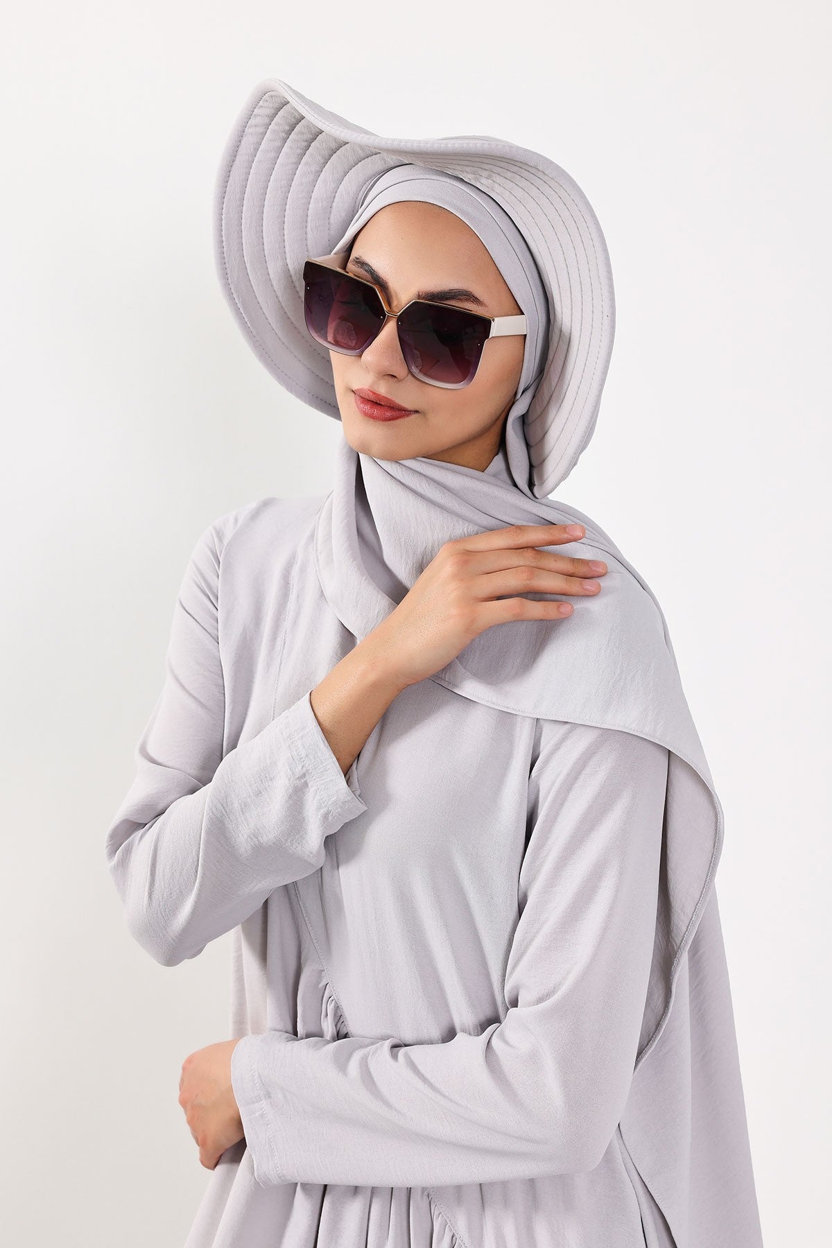 Instant Aerobin Shawl 2 in 1 Womens Wide Brim Summer Hat + Plain Scarf Foldable Roll up Beach Cap Removable Sun Hat Hijab Women Turban,SS-2A Light Grey