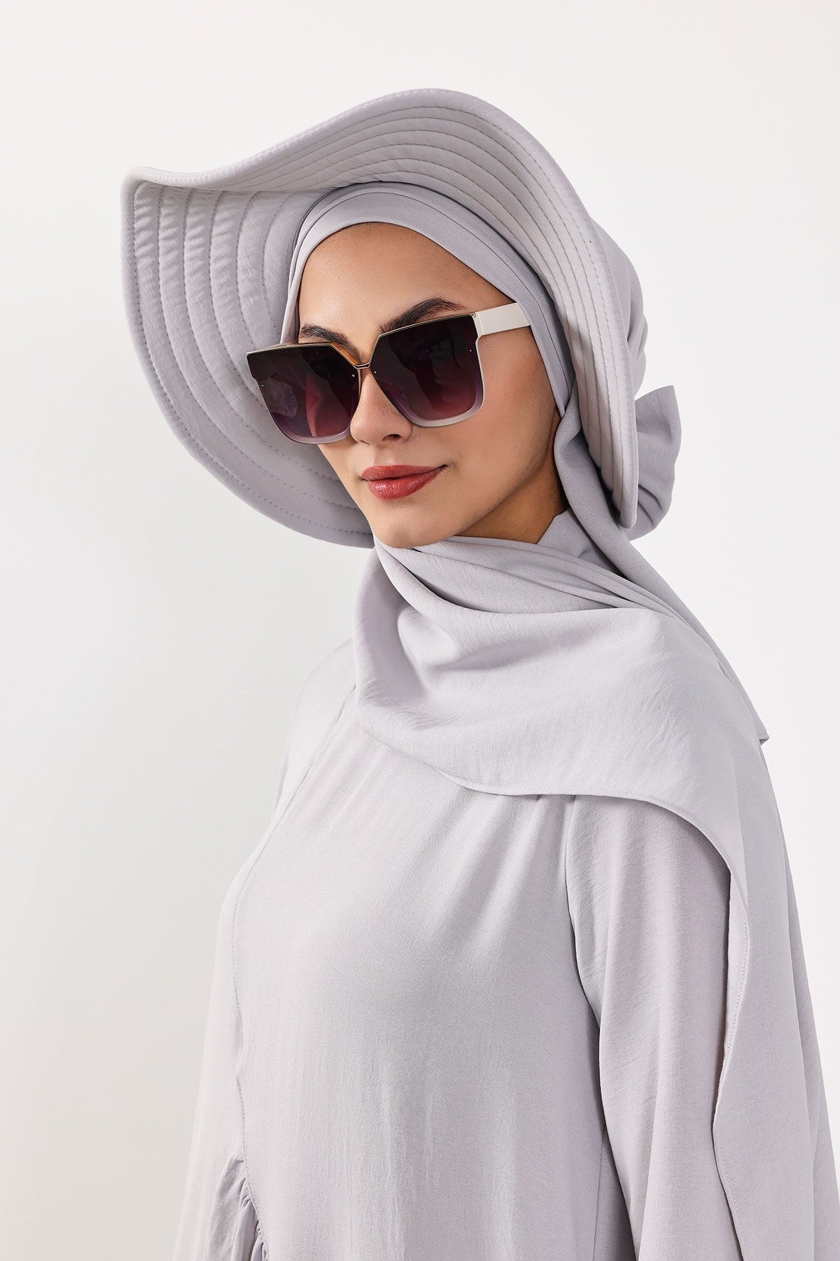 Instant Aerobin Shawl 2 in 1 Womens Wide Brim Summer Hat + Plain Scarf Foldable Roll up Beach Cap Removable Sun Hat Hijab Women Turban,SS-2A Light Grey