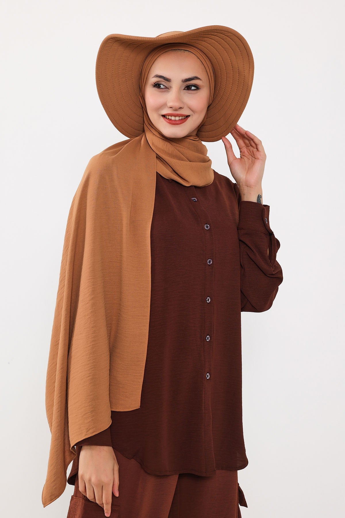 Instant Aerobin Shawl 2 in 1 Womens Wide Brim Summer Hat + Plain Scarf Foldable Roll up Beach Cap Removable Sun Hat Hijab Women Turban,SS-2A Camel