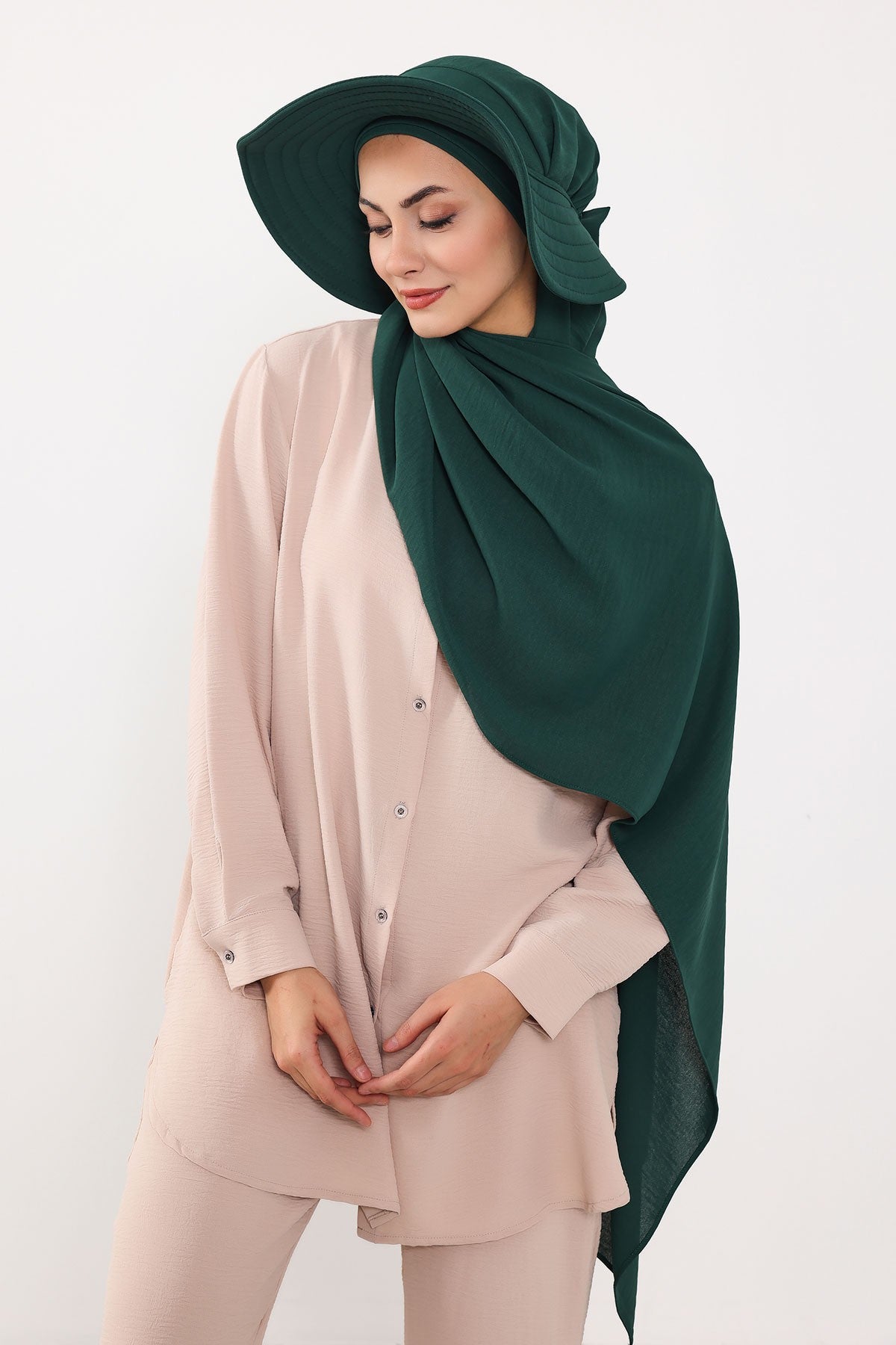 Instant Aerobin Shawl 2 in 1 Womens Wide Brim Summer Hat + Plain Scarf Foldable Roll up Beach Cap Removable Sun Hat Hijab Women Turban,SS-2A Dark Green