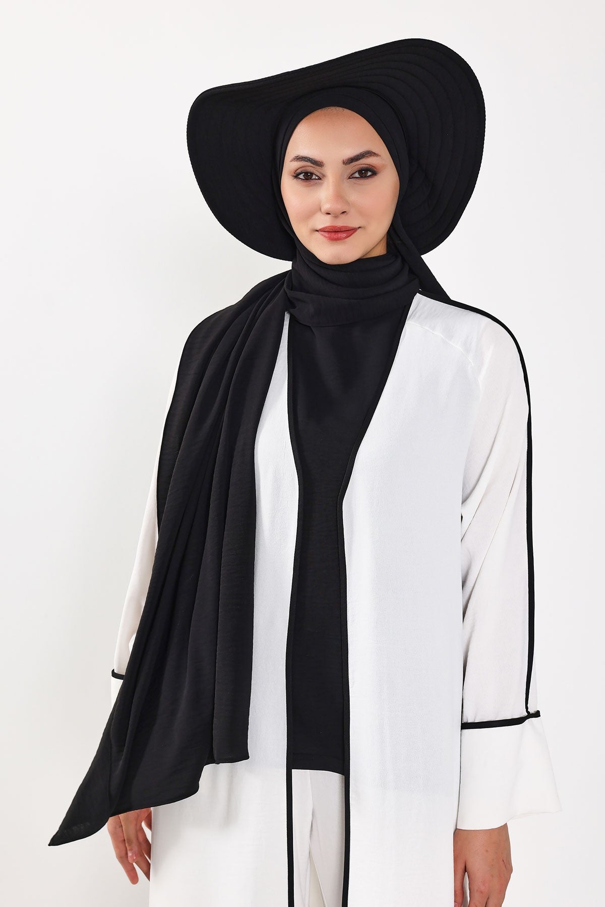 Instant Aerobin Shawl 2 in 1 Womens Wide Brim Summer Hat + Plain Scarf Foldable Roll up Beach Cap Removable Sun Hat Hijab Women Turban,SS-2A Black