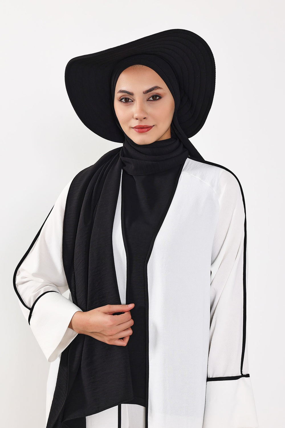 Instant Aerobin Shawl 2 in 1 Womens Wide Brim Summer Hat + Plain Scarf Foldable Roll up Beach Cap Removable Sun Hat Hijab Women Turban,SS-2A Black