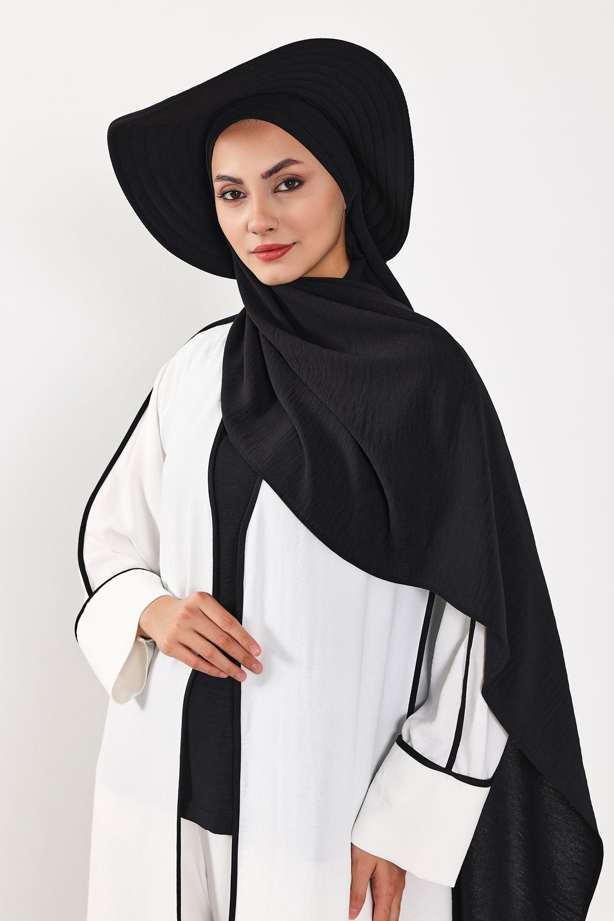 Instant Aerobin Shawl 2 in 1 Womens Wide Brim Summer Hat + Plain Scarf Foldable Roll up Beach Cap Removable Sun Hat Hijab Women Turban,SS-2A Black