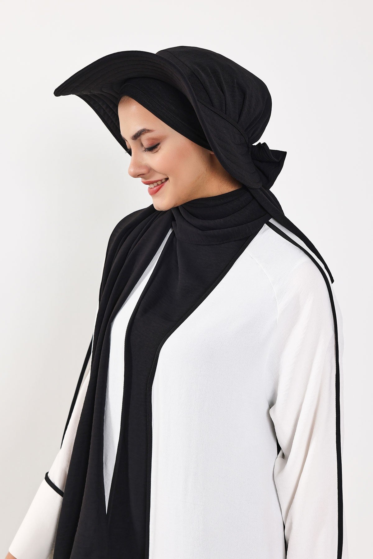 Instant Aerobin Shawl 2 in 1 Womens Wide Brim Summer Hat + Plain Scarf Foldable Roll up Beach Cap Removable Sun Hat Hijab Women Turban,SS-2A Black
