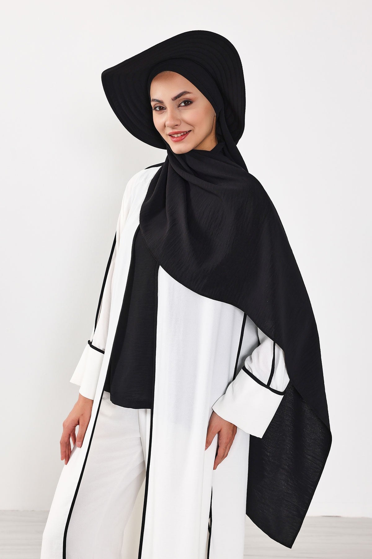 Instant Aerobin Shawl 2 in 1 Womens Wide Brim Summer Hat + Plain Scarf Foldable Roll up Beach Cap Removable Sun Hat Hijab Women Turban,SS-2A Black