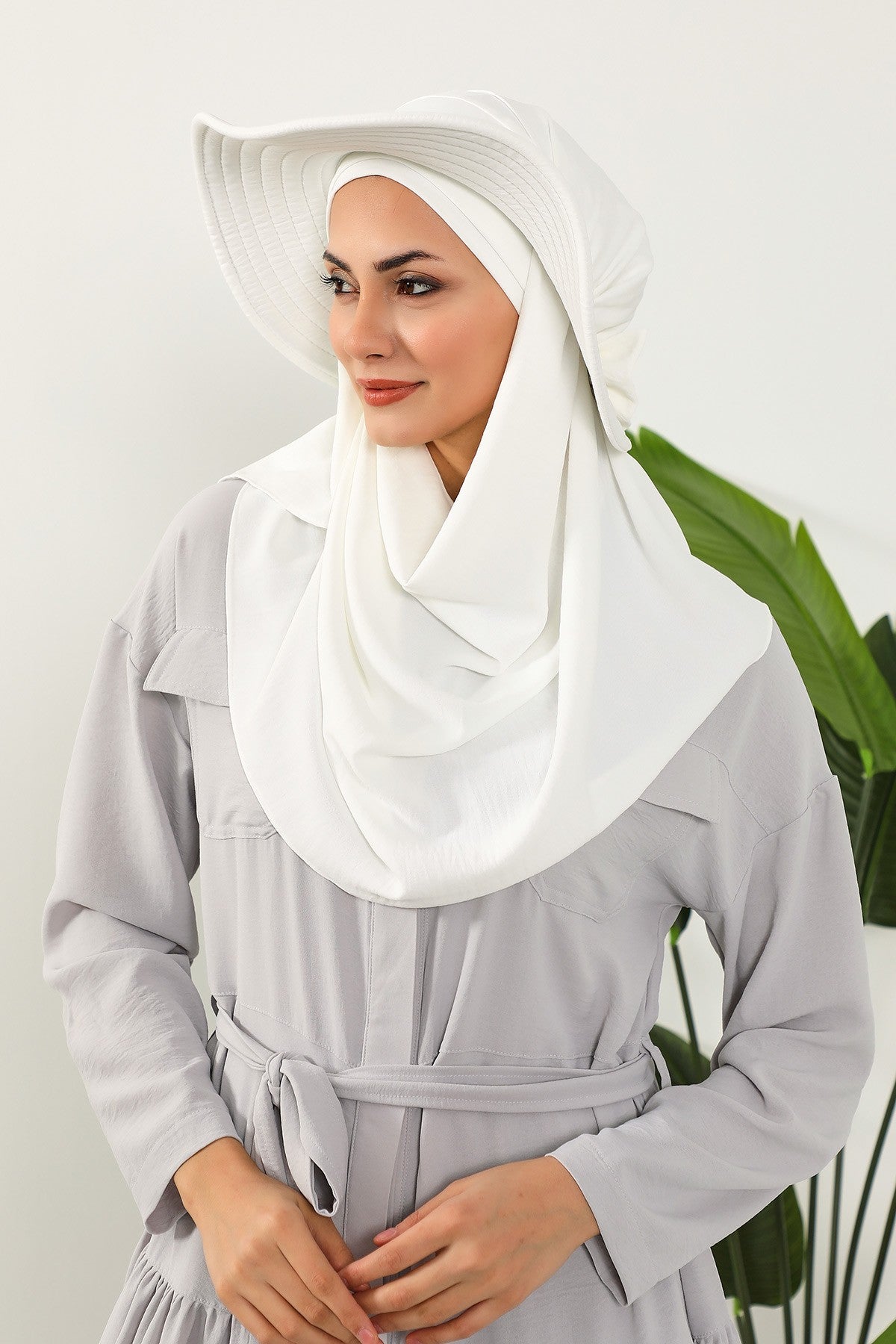 Instant Aerobin Shawl 2 in 1 Womens Wide Brim Summer Hat + Plain Scarf Foldable Roll up Beach Cap Removable Sun Hat Hijab Women Turban,SS-2A Ecru