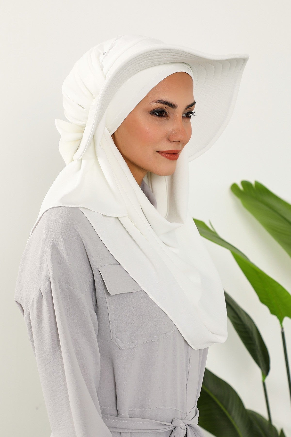 Instant Aerobin Shawl 2 in 1 Womens Wide Brim Summer Hat + Plain Scarf Foldable Roll up Beach Cap Removable Sun Hat Hijab Women Turban,SS-2A Ecru