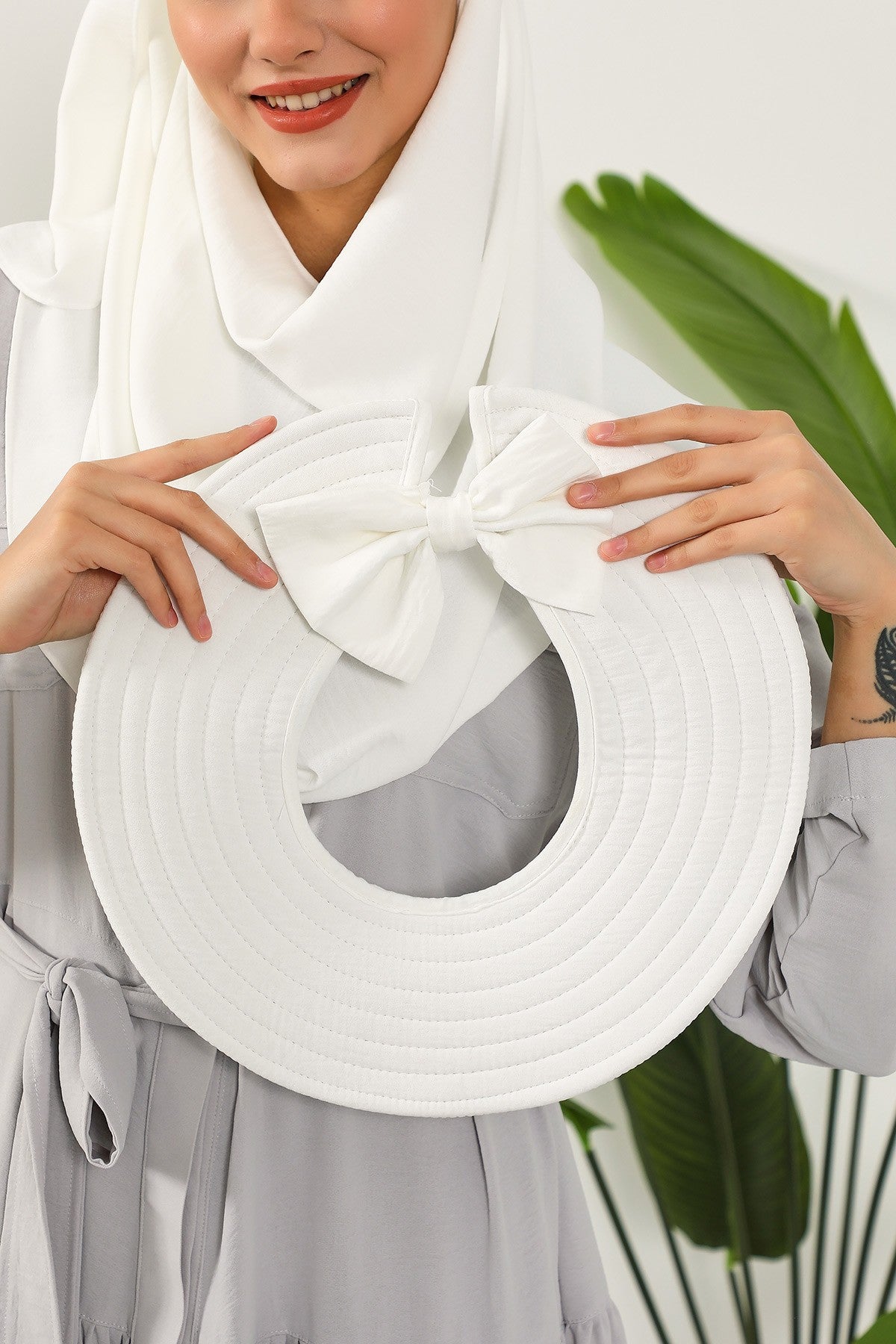 Instant Aerobin Shawl 2 in 1 Womens Wide Brim Summer Hat + Plain Scarf Foldable Roll up Beach Cap Removable Sun Hat Hijab Women Turban,SS-2A Ecru