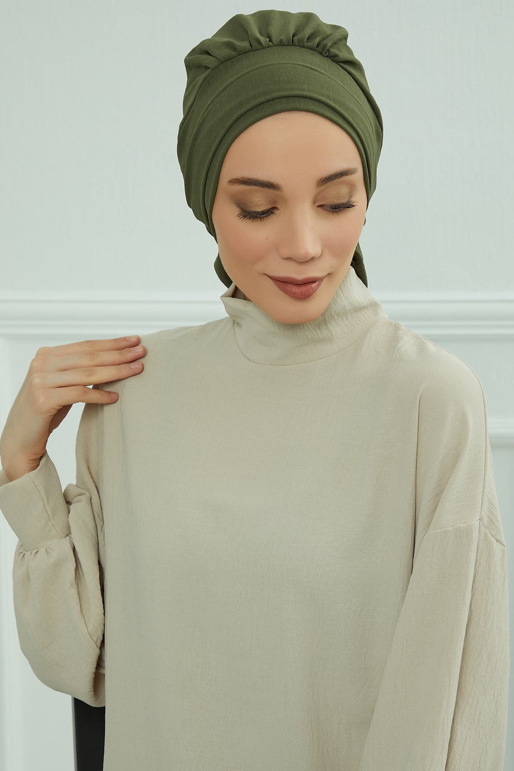 Instant Aerobin Turban Hijab for Women, Pre-Tied Cotton Blend Headwrap, Lightweight Modest Fashion Head Cover,HT-91 Army Green