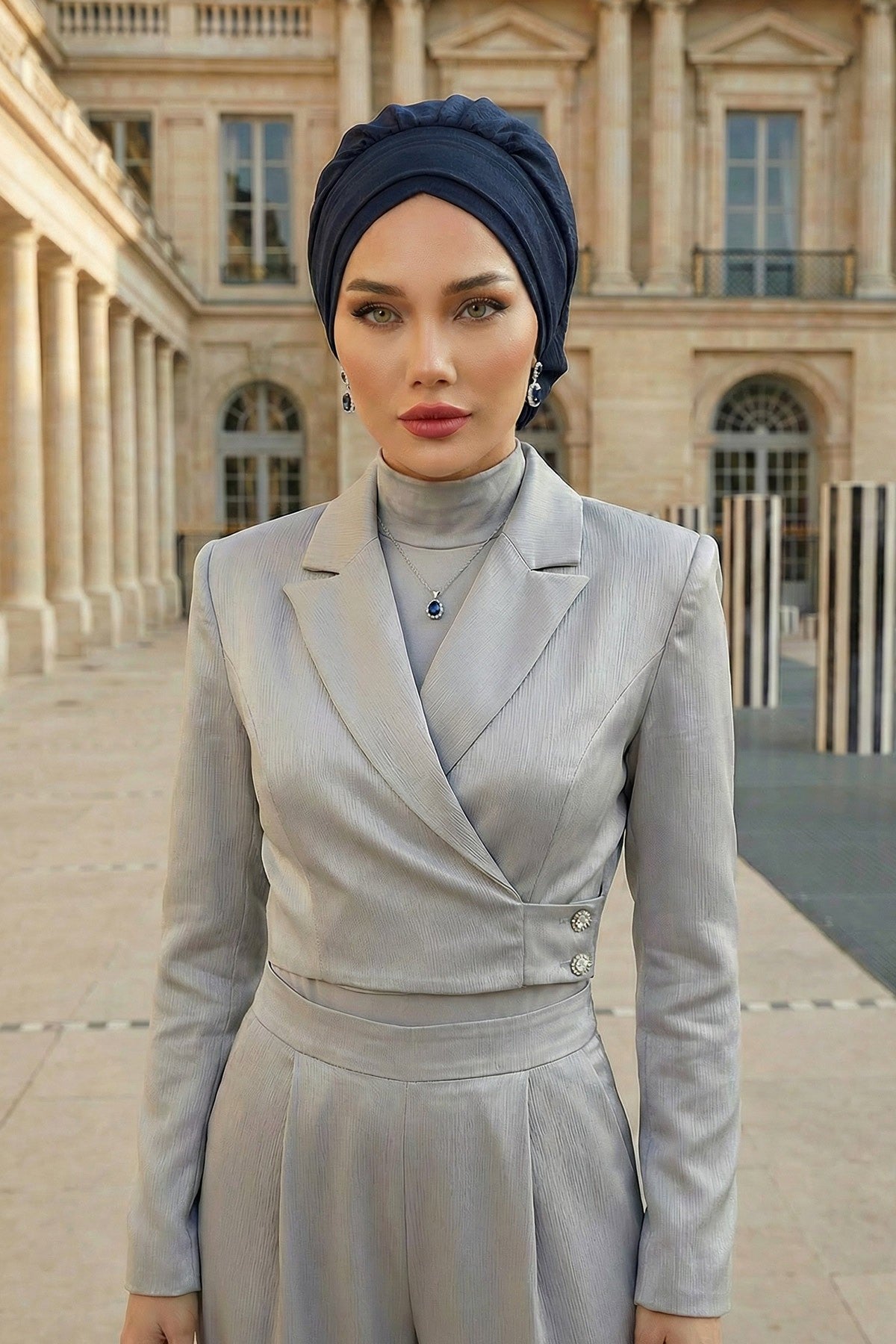 Instant Aerobin Turban Hijab for Women, Pre-Tied Cotton Blend Headwrap, Lightweight Modest Fashion Head Cover,HT-91 Navy Blue