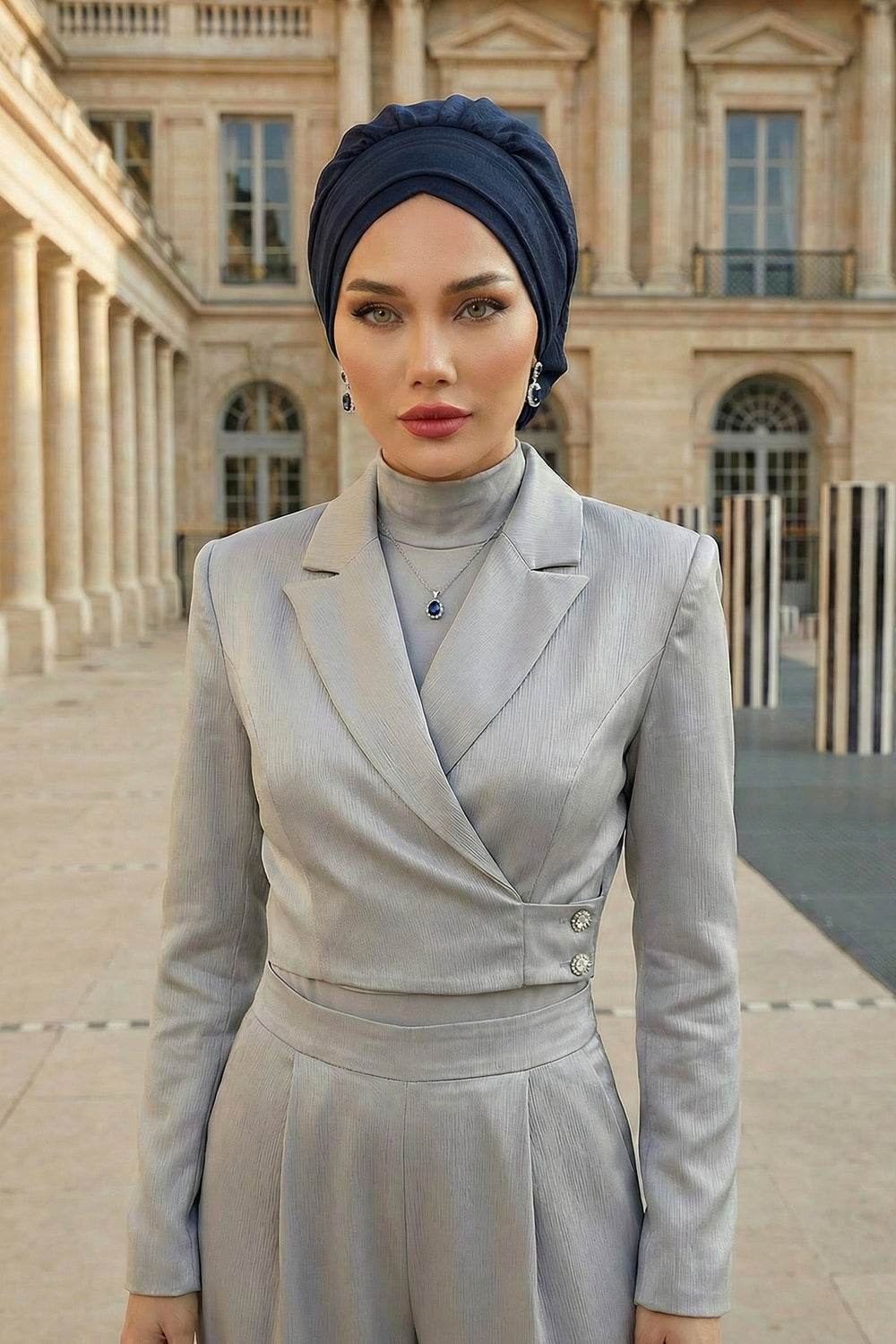 Instant Aerobin Turban Hijab for Women, Pre-Tied Cotton Blend Headwrap, Lightweight Modest Fashion Head Cover,HT-91 Navy Blue