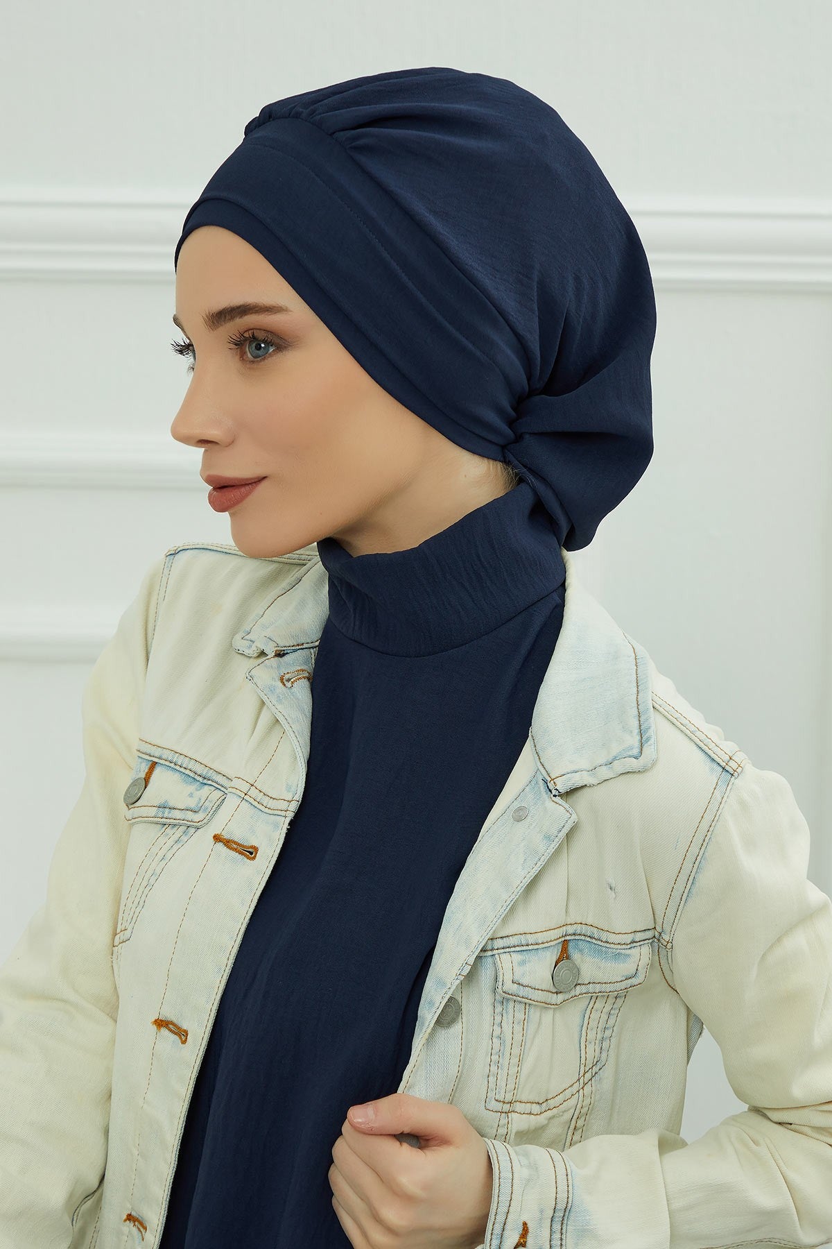 Instant Aerobin Turban Hijab for Women, Pre-Tied Cotton Blend Headwrap, Lightweight Modest Fashion Head Cover,HT-91 Navy Blue
