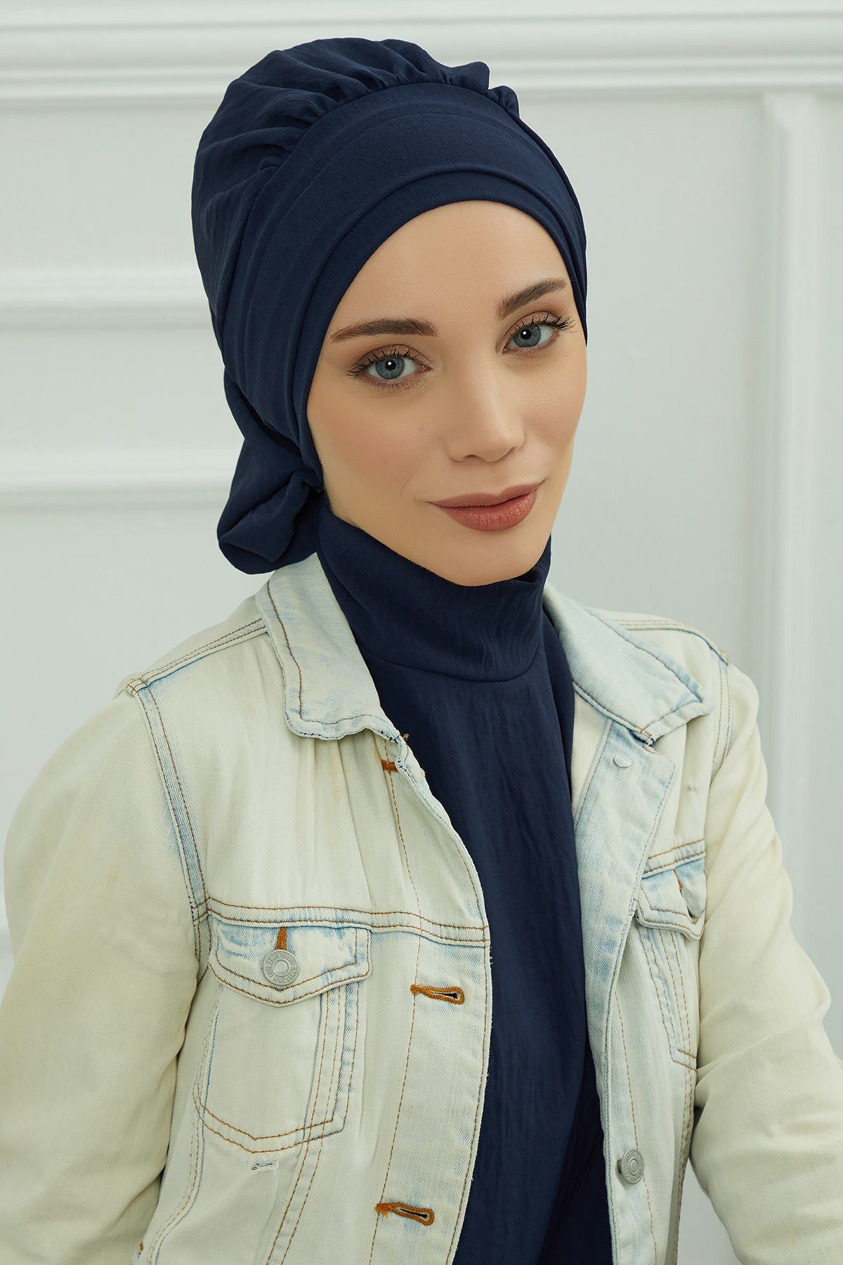 Instant Aerobin Turban Hijab for Women, Pre-Tied Cotton Blend Headwrap, Lightweight Modest Fashion Head Cover,HT-91 Navy Blue
