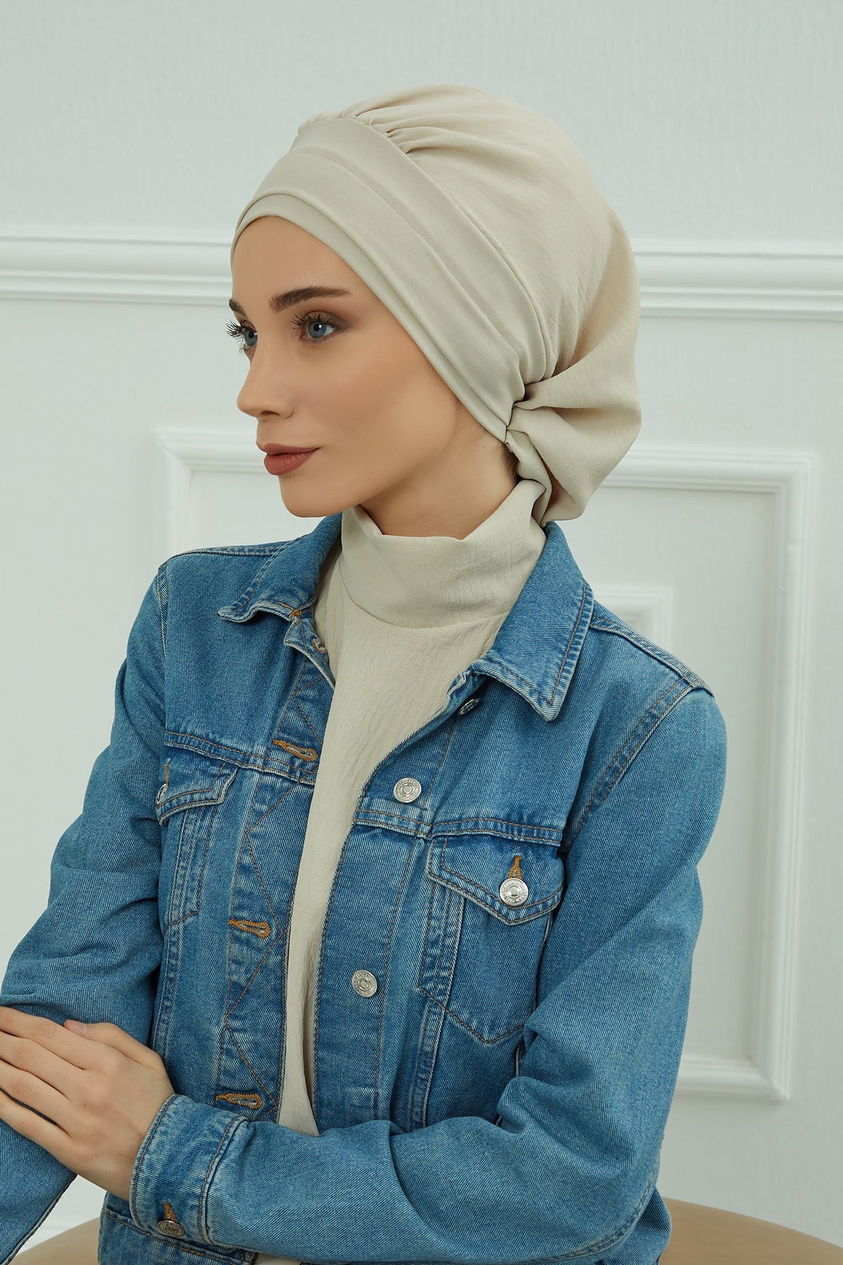 Instant Aerobin Turban Hijab for Women, Pre-Tied Cotton Blend Headwrap, Lightweight Modest Fashion Head Cover,HT-91 Beige