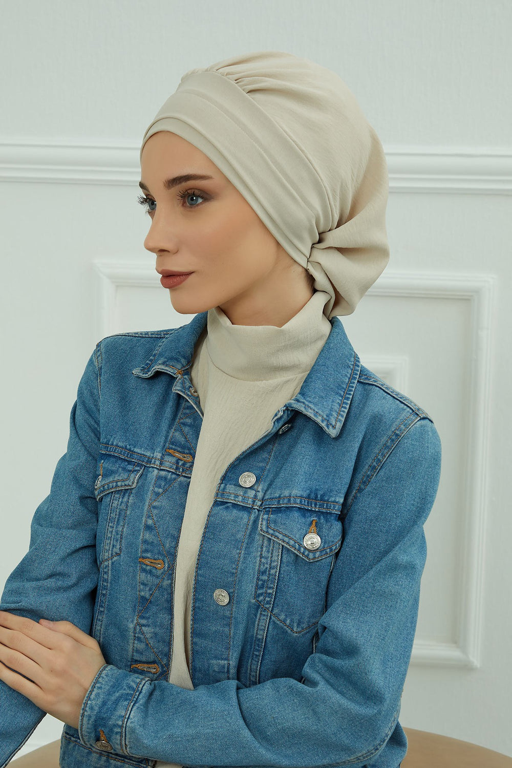 Instant Aerobin Turban Hijab for Women, Pre-Tied Cotton Blend Headwrap, Lightweight Modest Fashion Head Cover,HT-91 Beige