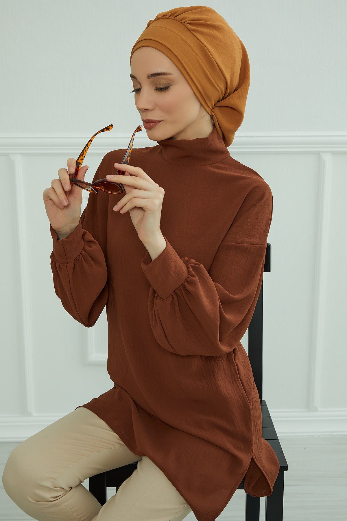 Instant Aerobin Turban Hijab for Women, Pre-Tied Cotton Blend Headwrap, Lightweight Modest Fashion Head Cover,HT-91 Tawny Brown