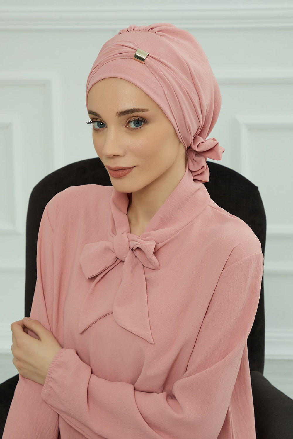 Instant Aerobin Turban Hijab for Women with Gold Accent, Pre-Tied Cotton Blend Headwrap, Modest Ready to Wear Headscarf,HT-95 Pink