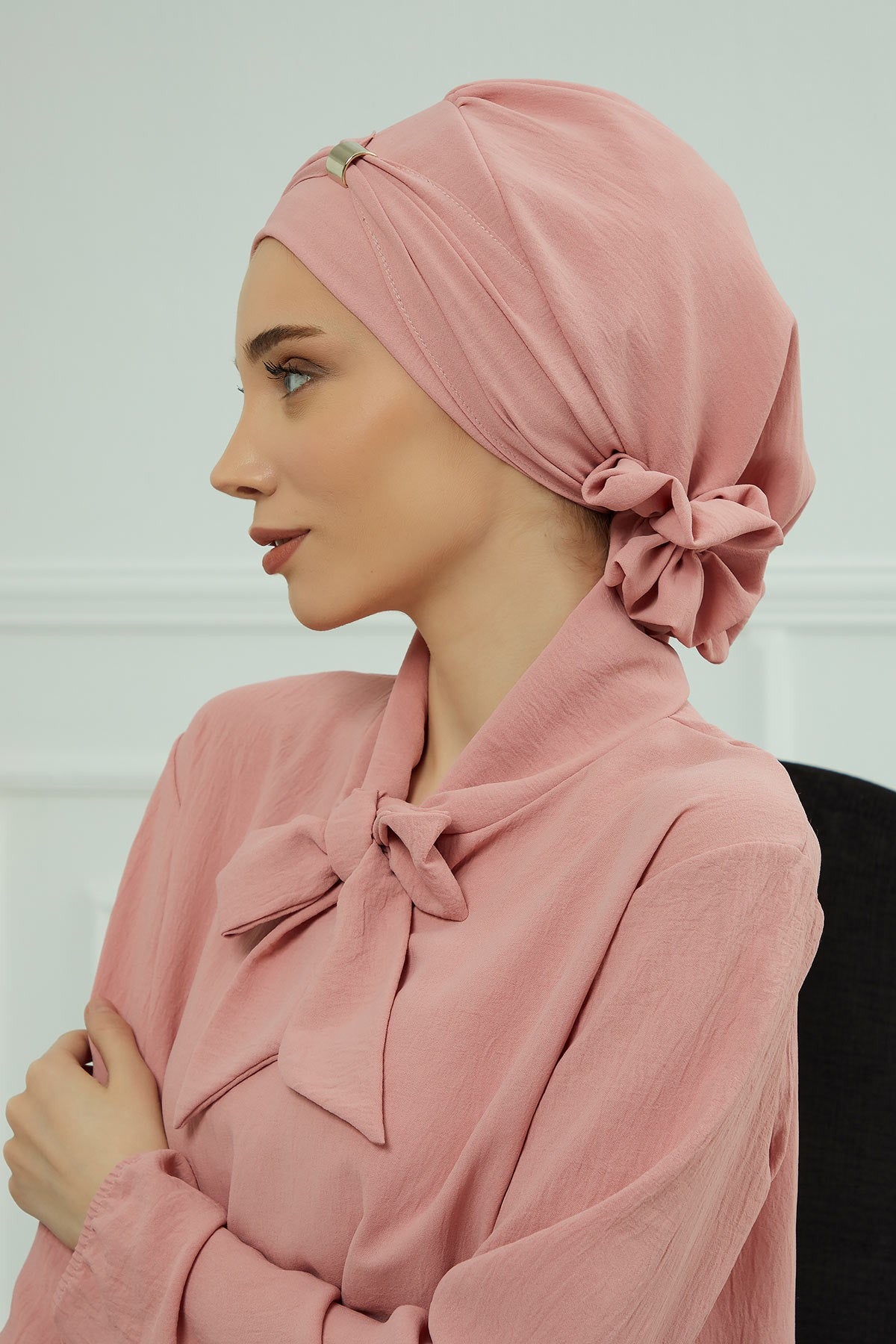 Instant Aerobin Turban Hijab for Women with Gold Accent, Pre-Tied Cotton Blend Headwrap, Modest Ready to Wear Headscarf,HT-95 Pink
