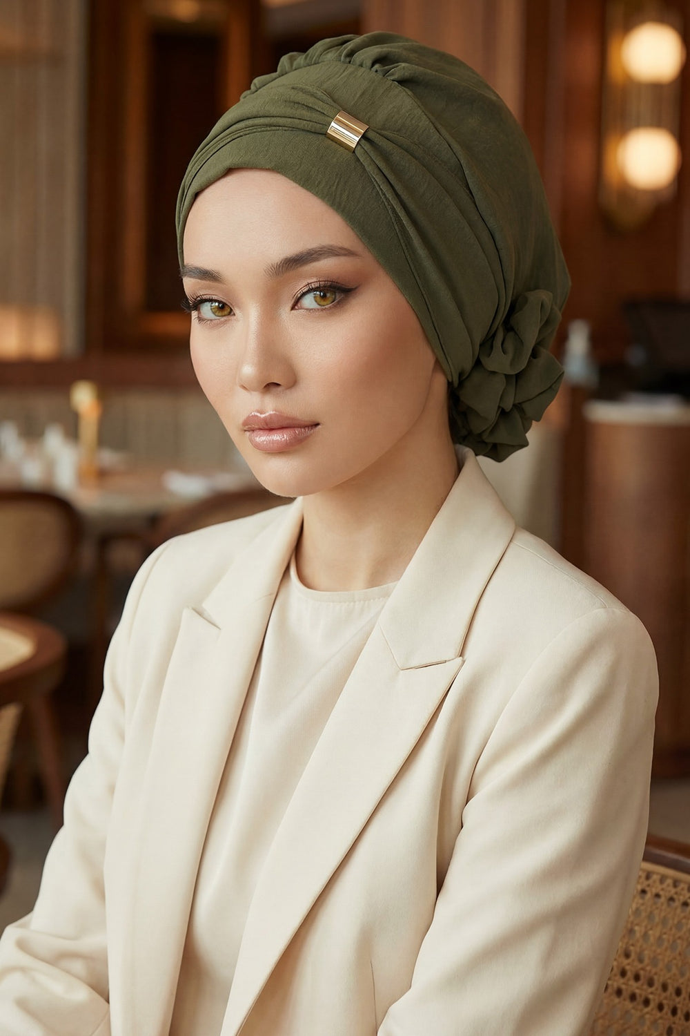 Instant Aerobin Turban Hijab for Women with Gold Accent, Pre-Tied Cotton Blend Headwrap, Modest Ready to Wear Headscarf,HT-95 Army Green