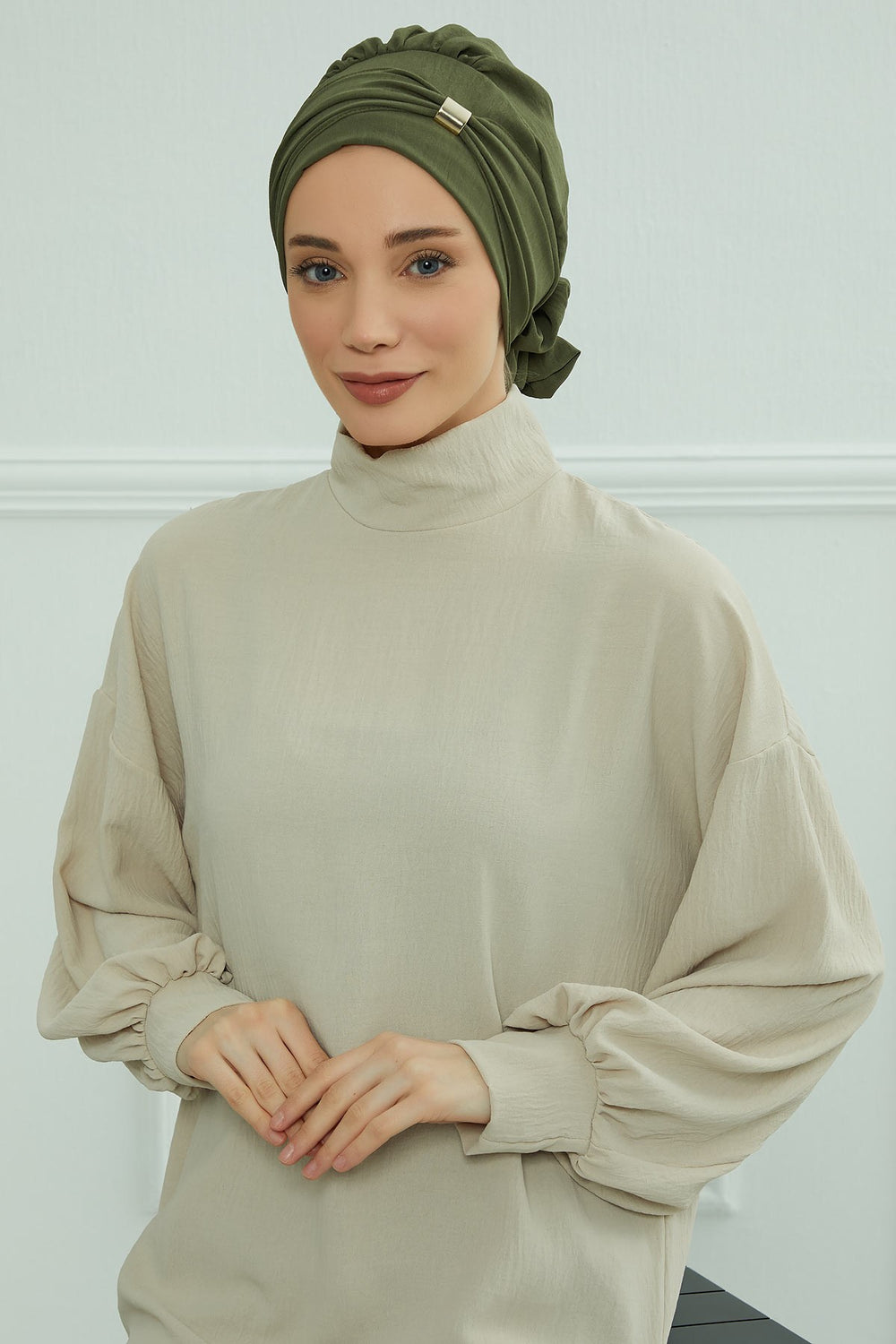 Instant Aerobin Turban Hijab for Women with Gold Accent, Pre-Tied Cotton Blend Headwrap, Modest Ready to Wear Headscarf,HT-95 Army Green