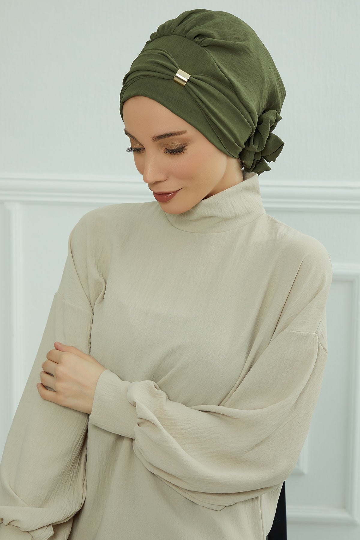 Instant Aerobin Turban Hijab for Women with Gold Accent, Pre-Tied Cotton Blend Headwrap, Modest Ready to Wear Headscarf,HT-95 Army Green
