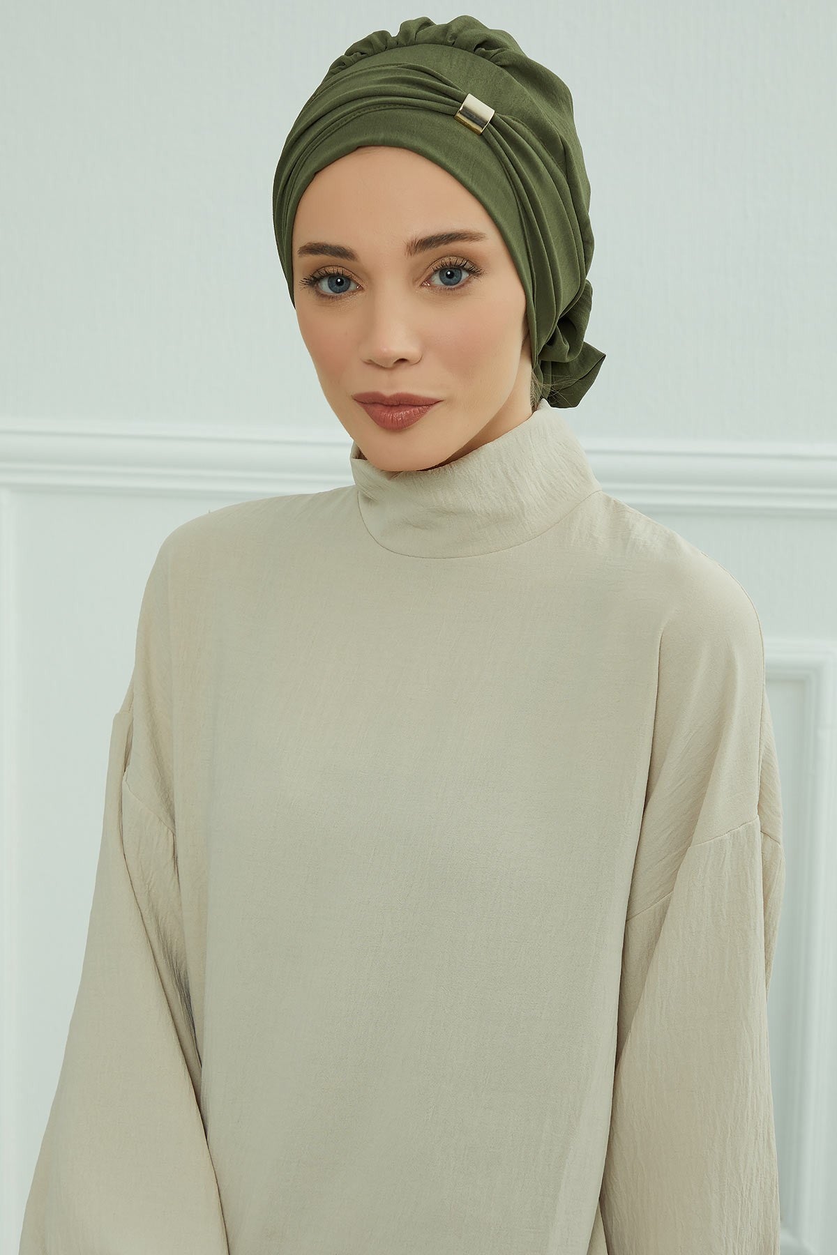 Instant Aerobin Turban Hijab for Women with Gold Accent, Pre-Tied Cotton Blend Headwrap, Modest Ready to Wear Headscarf,HT-95 Army Green