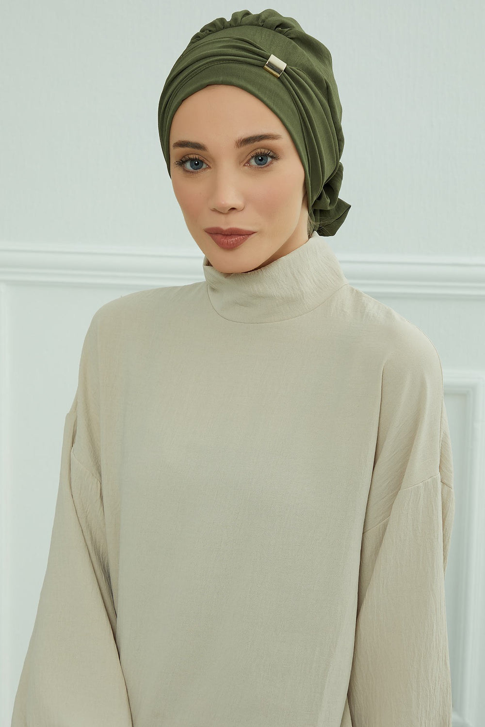 Instant Aerobin Turban Hijab for Women with Gold Accent, Pre-Tied Cotton Blend Headwrap, Modest Ready to Wear Headscarf,HT-95 Army Green