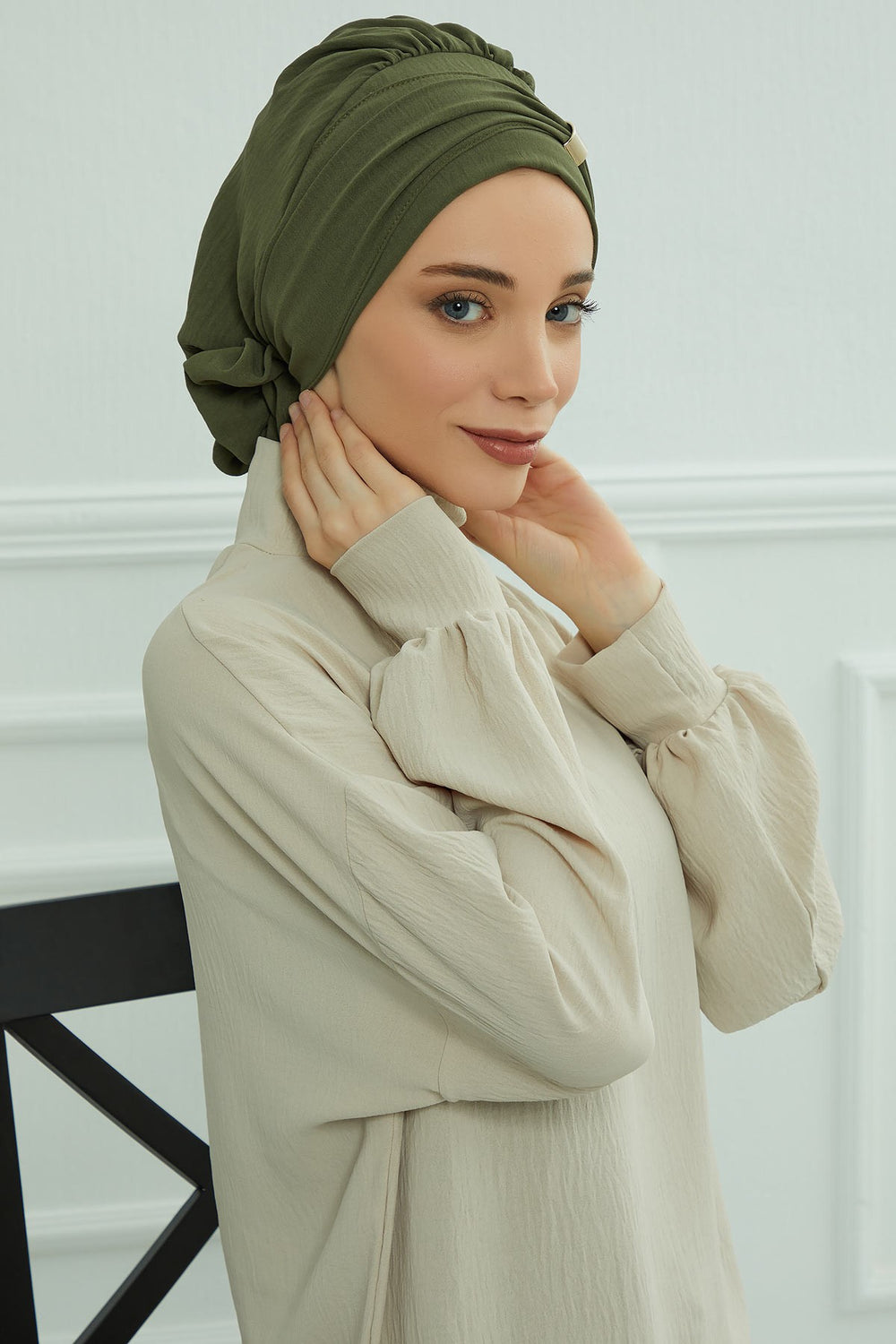 Instant Aerobin Turban Hijab for Women with Gold Accent, Pre-Tied Cotton Blend Headwrap, Modest Ready to Wear Headscarf,HT-95 Army Green