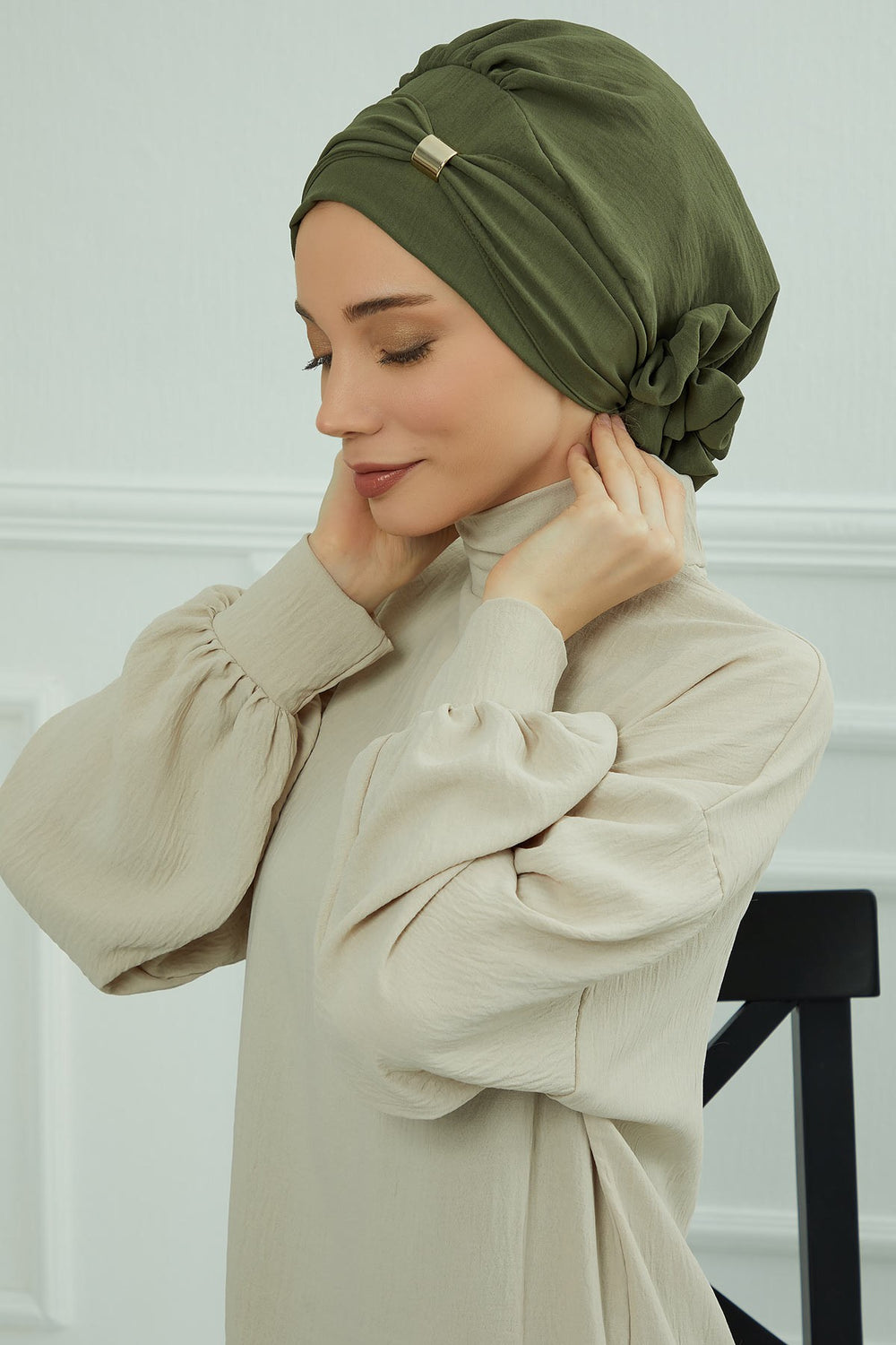 Instant Aerobin Turban Hijab for Women with Gold Accent, Pre-Tied Cotton Blend Headwrap, Modest Ready to Wear Headscarf,HT-95 Army Green