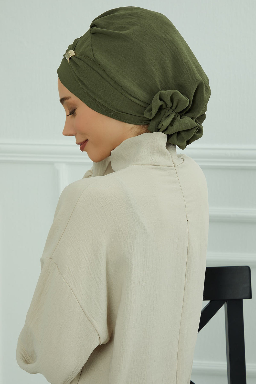 Instant Aerobin Turban Hijab for Women with Gold Accent, Pre-Tied Cotton Blend Headwrap, Modest Ready to Wear Headscarf,HT-95 Army Green