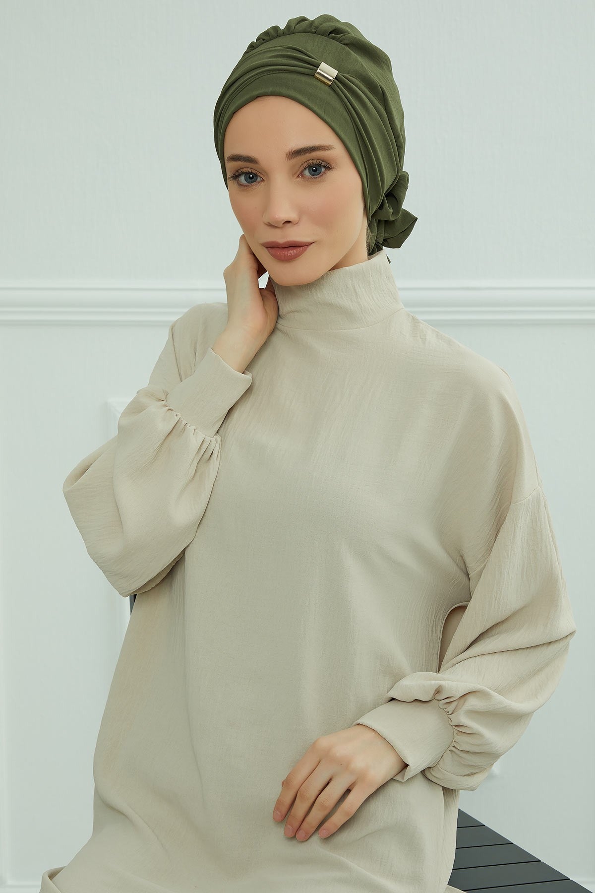 Instant Aerobin Turban Hijab for Women with Gold Accent, Pre-Tied Cotton Blend Headwrap, Modest Ready to Wear Headscarf,HT-95 Army Green