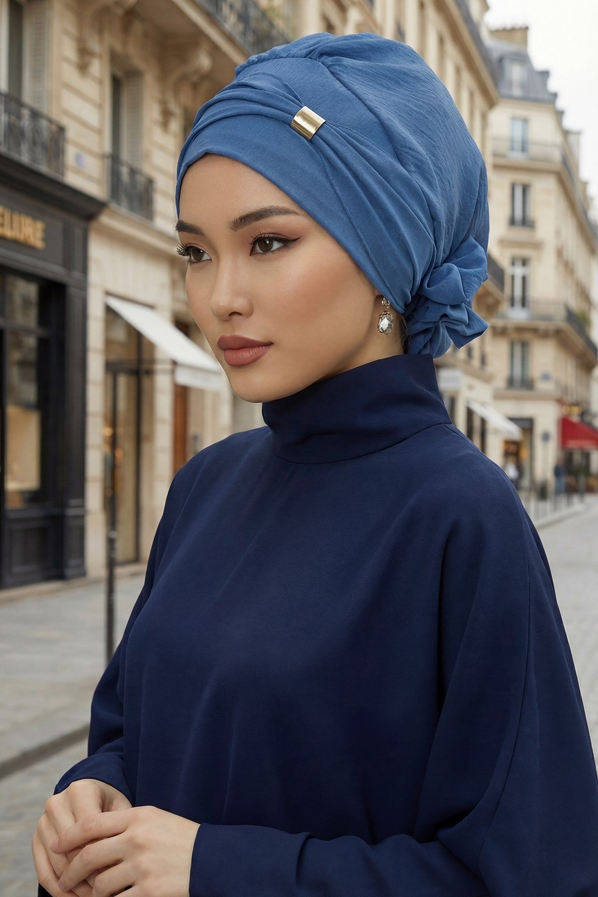Instant Aerobin Turban Hijab for Women with Gold Accent, Pre-Tied Cotton Blend Headwrap, Modest Ready to Wear Headscarf,HT-95 Blue