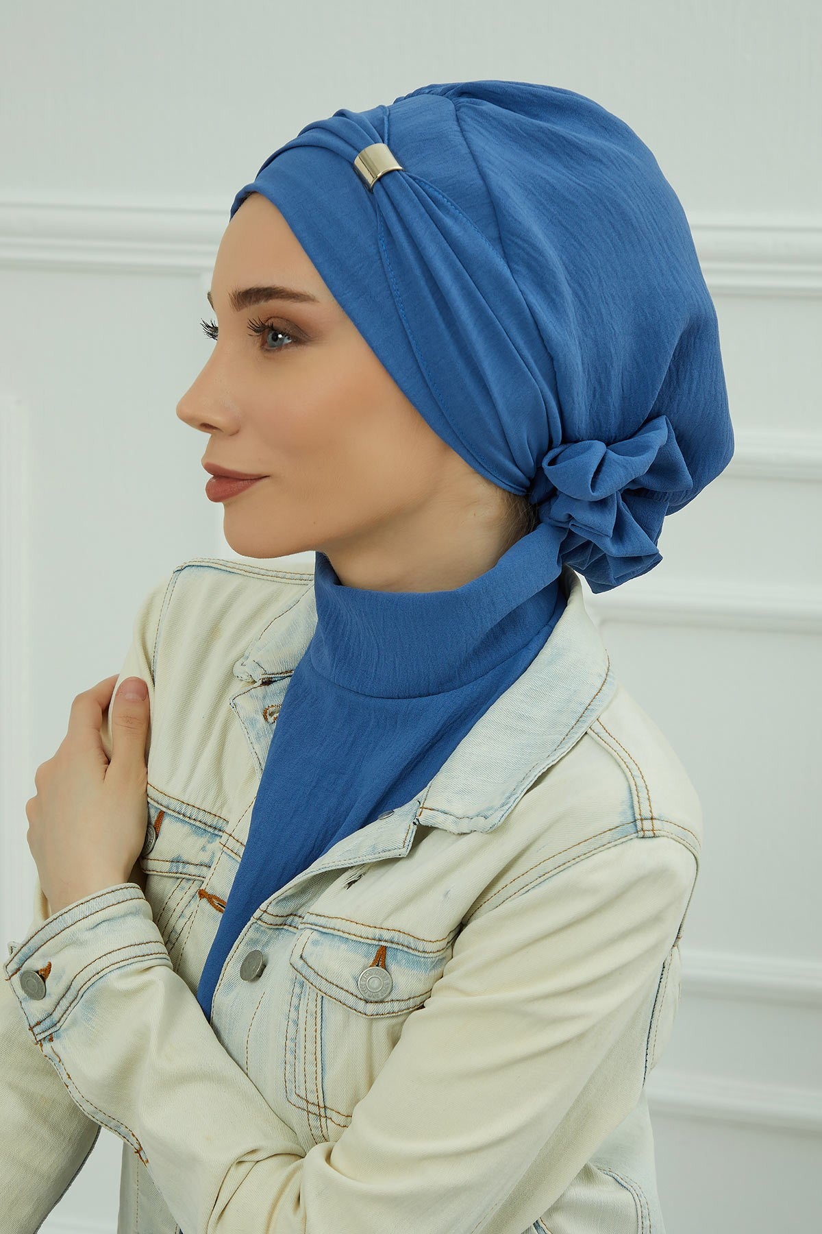 Instant Aerobin Turban Hijab for Women with Gold Accent, Pre-Tied Cotton Blend Headwrap, Modest Ready to Wear Headscarf,HT-95 Blue