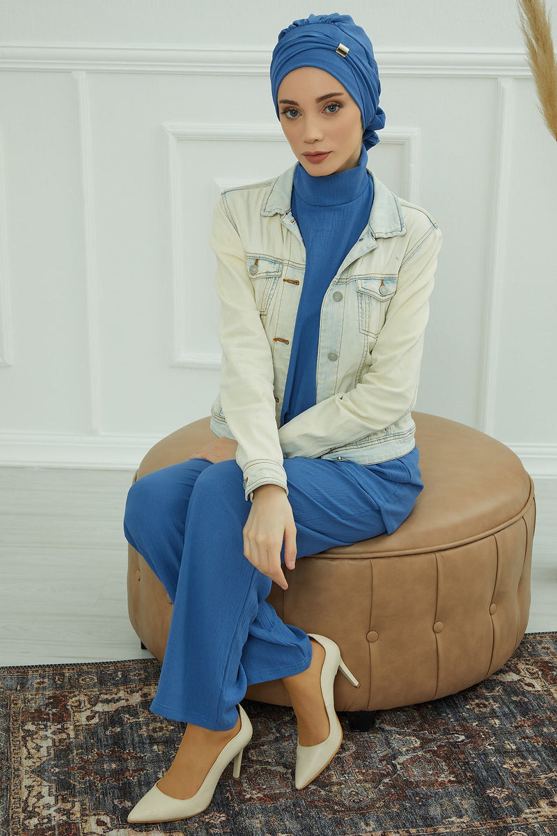 Instant Aerobin Turban Hijab for Women with Gold Accent, Pre-Tied Cotton Blend Headwrap, Modest Ready to Wear Headscarf,HT-95