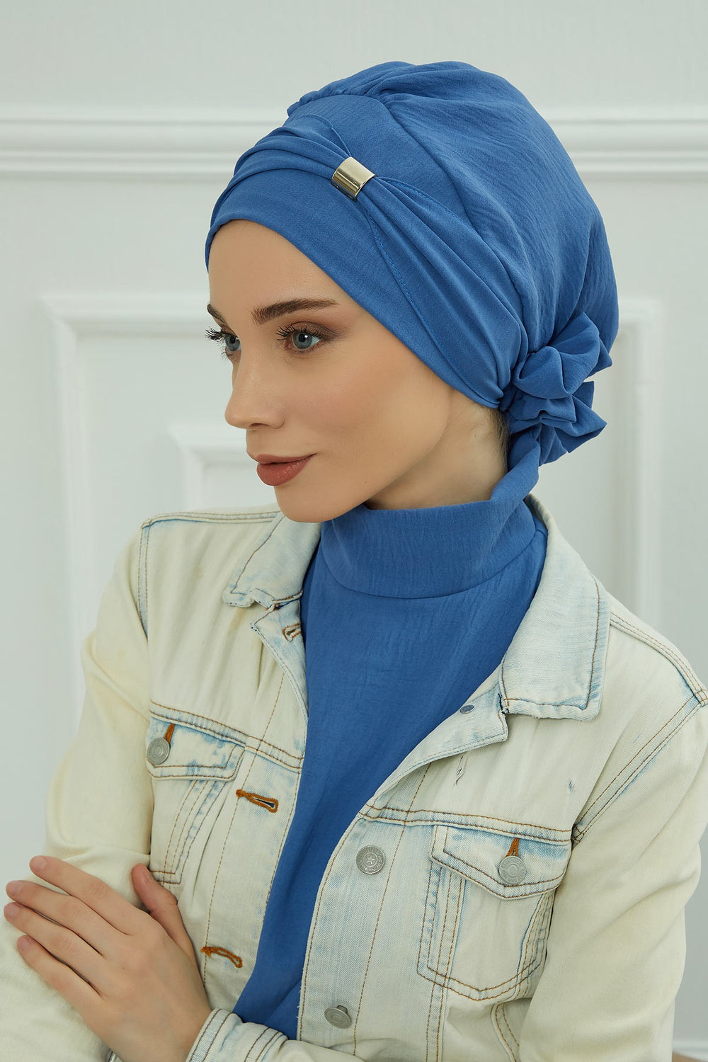 Instant Aerobin Turban Hijab for Women with Gold Accent, Pre-Tied Cotton Blend Headwrap, Modest Ready to Wear Headscarf,HT-95 Blue
