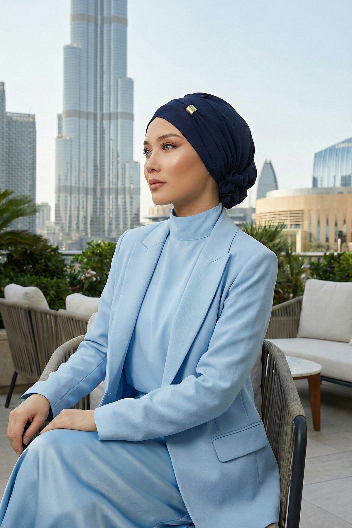 Instant Aerobin Turban Hijab for Women with Gold Accent, Pre-Tied Cotton Blend Headwrap, Modest Ready to Wear Headscarf,HT-95 Navy Blue