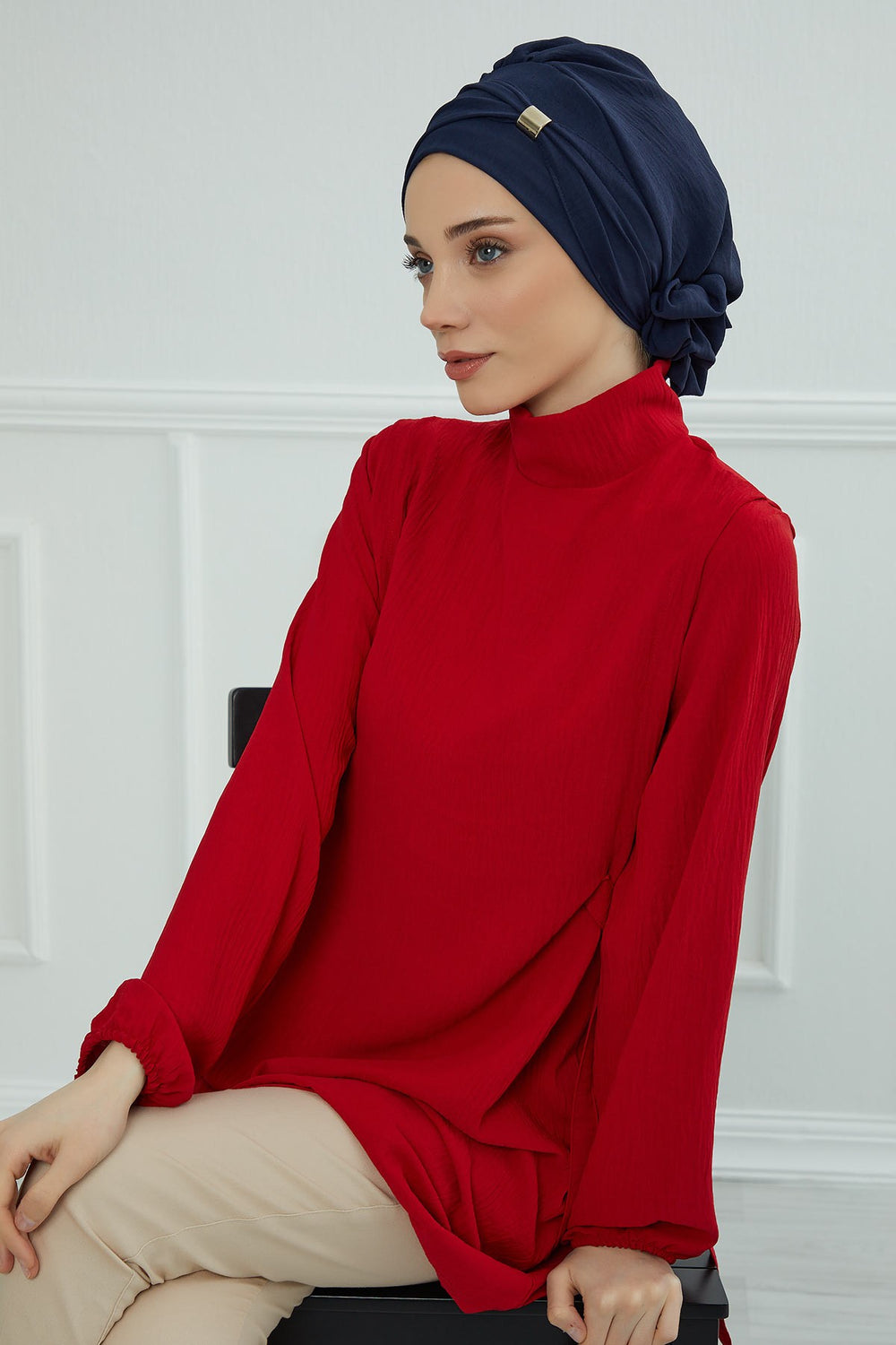 Instant Aerobin Turban Hijab for Women with Gold Accent, Pre-Tied Cotton Blend Headwrap, Modest Ready to Wear Headscarf,HT-95 Navy Blue