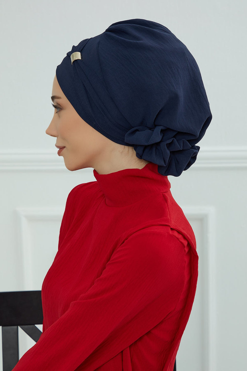 Instant Aerobin Turban Hijab for Women with Gold Accent, Pre-Tied Cotton Blend Headwrap, Modest Ready to Wear Headscarf,HT-95 Navy Blue