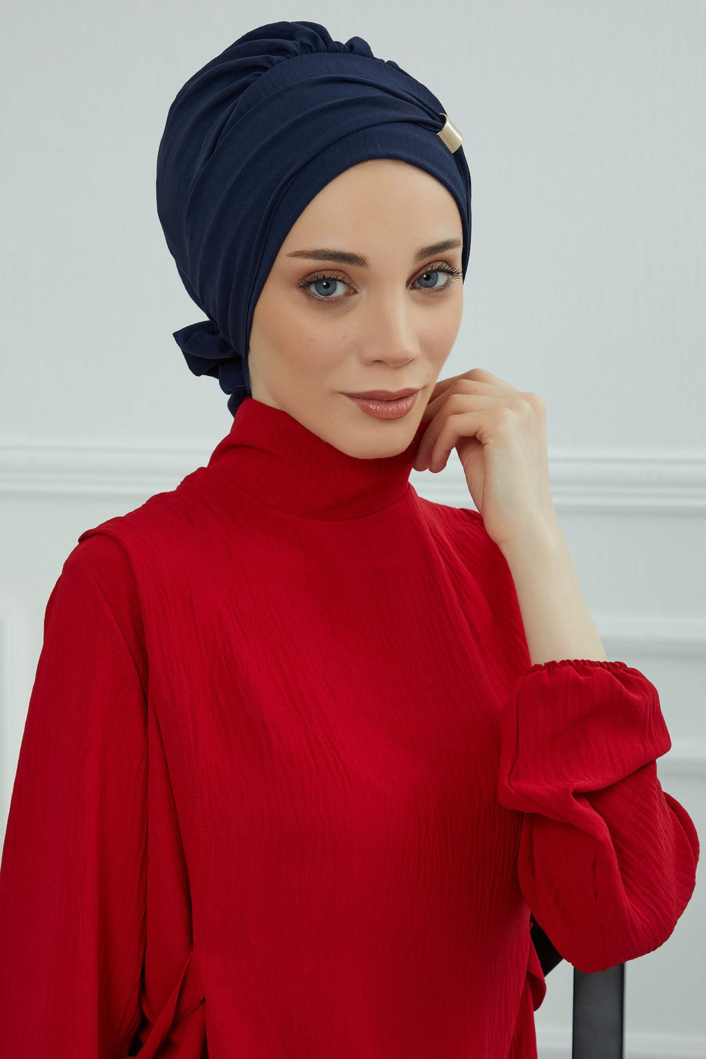 Instant Aerobin Turban Hijab for Women with Gold Accent, Pre-Tied Cotton Blend Headwrap, Modest Ready to Wear Headscarf,HT-95 Navy Blue