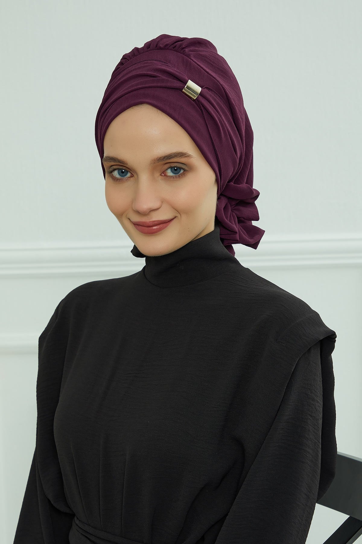 Instant Aerobin Turban Hijab for Women with Gold Accent, Pre-Tied Cotton Blend Headwrap, Modest Ready to Wear Headscarf,HT-95 Purple