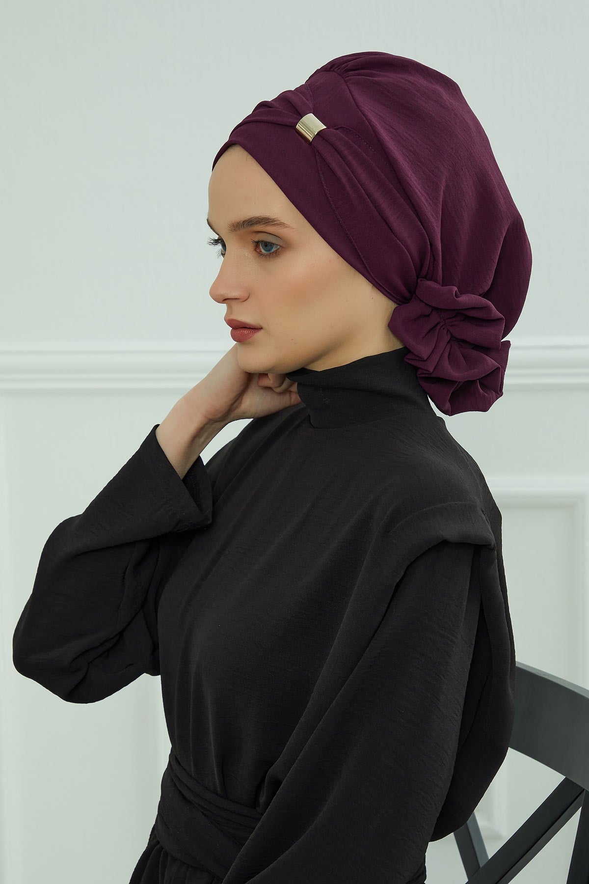 Instant Aerobin Turban Hijab for Women with Gold Accent, Pre-Tied Cotton Blend Headwrap, Modest Ready to Wear Headscarf,HT-95 Purple