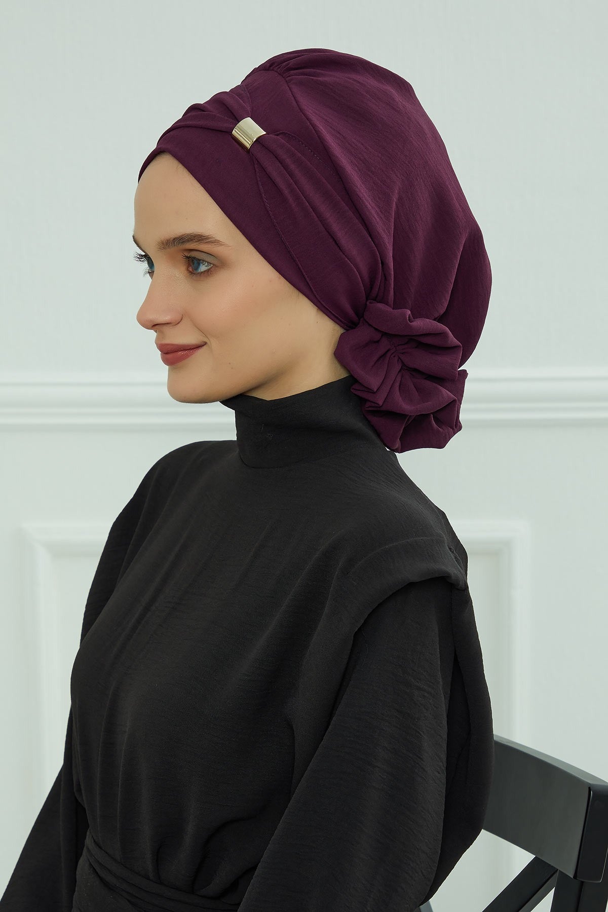 Instant Aerobin Turban Hijab for Women with Gold Accent, Pre-Tied Cotton Blend Headwrap, Modest Ready to Wear Headscarf,HT-95 Purple
